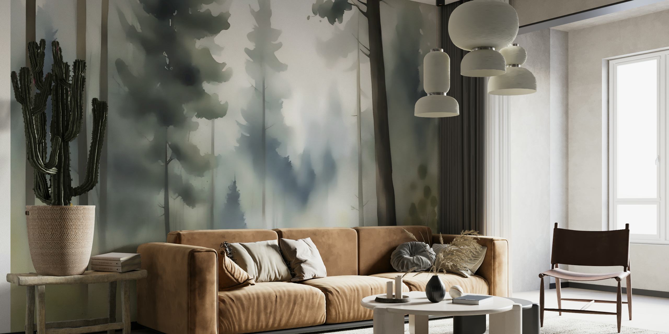 Misty forest path with trees and soft green tones wallpaper