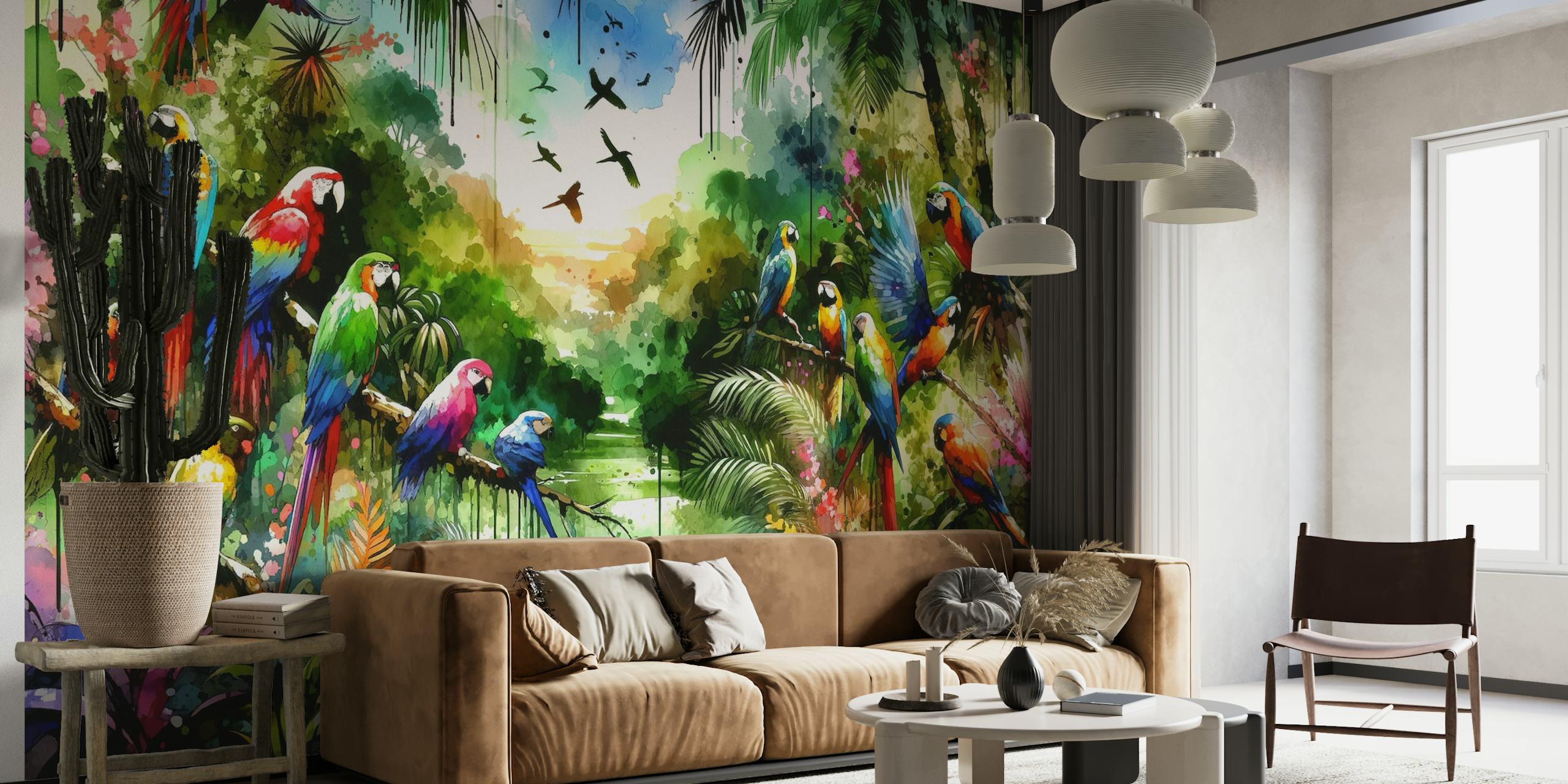 Watercolor Tropical Birds In The Jungle wallpaper