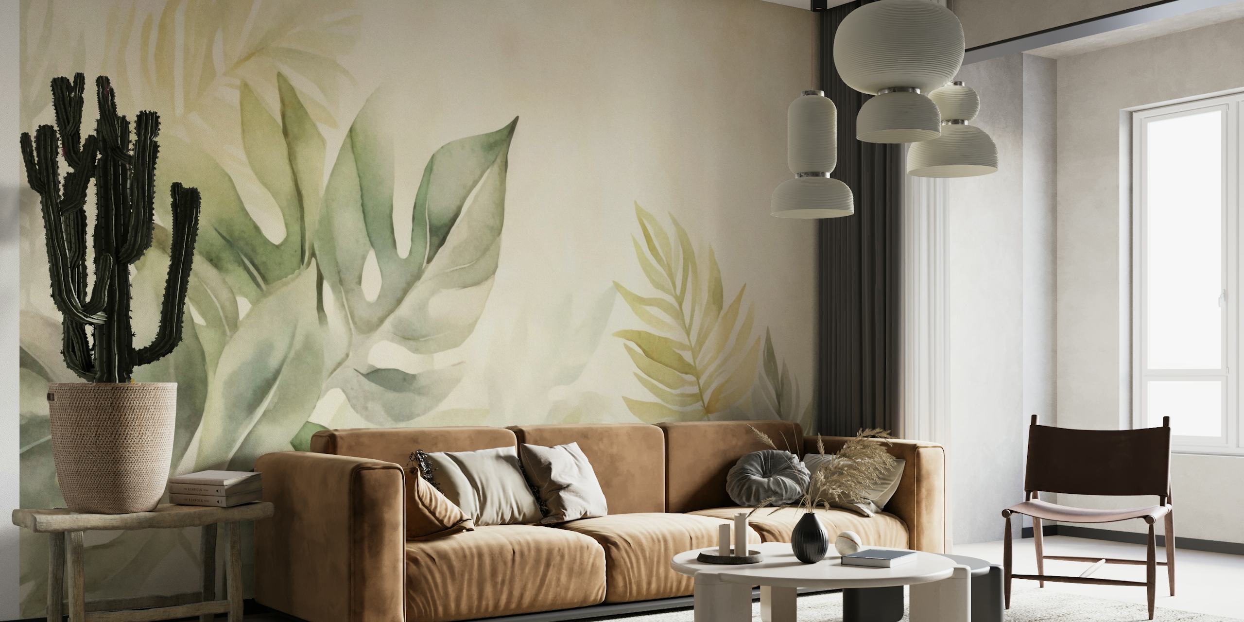 Papier peint mural vert beige Gentle Leaf Tropical Whispers avec un feuillage serein