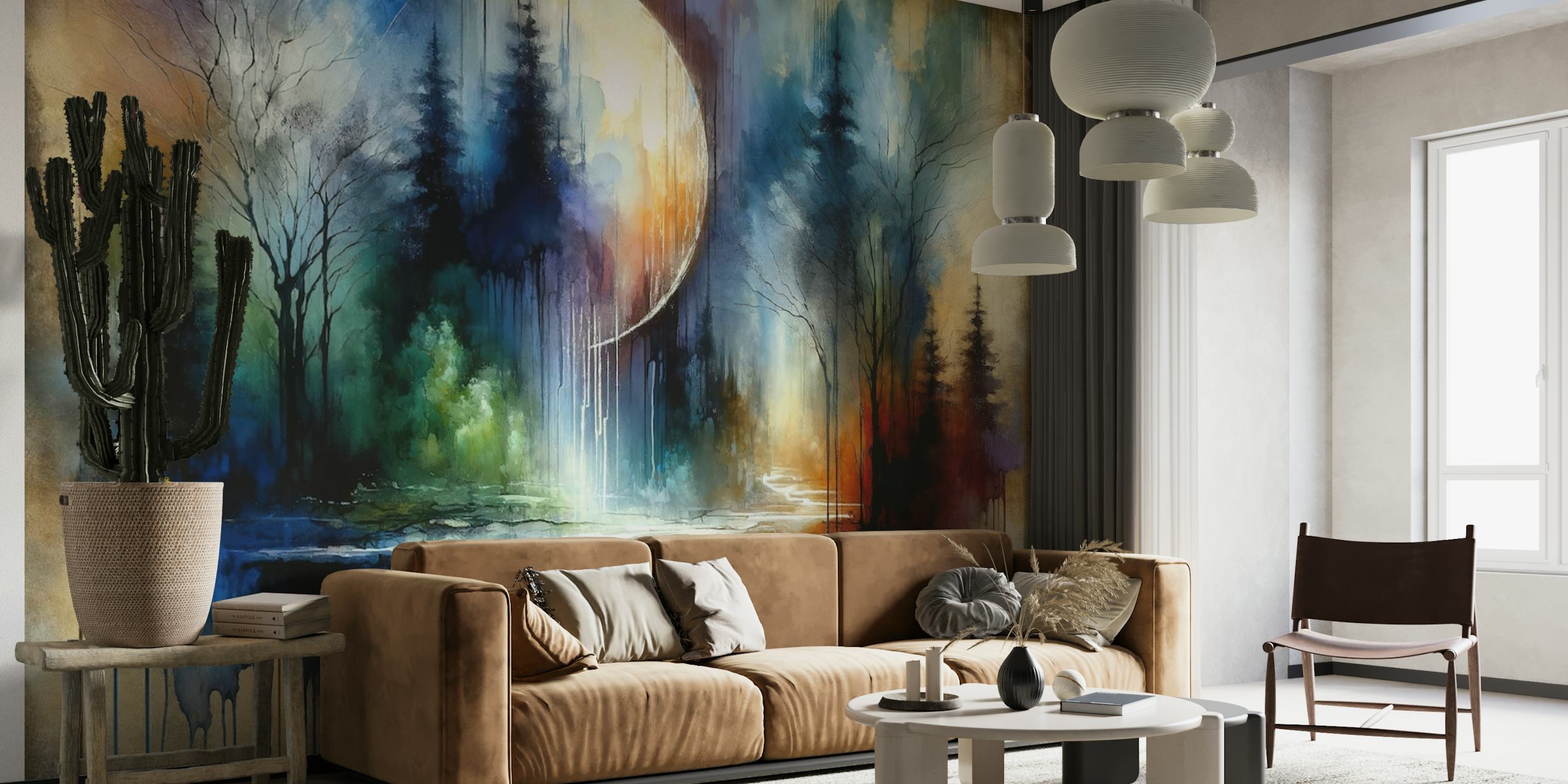 Watercolor Abstract Forest At Moonlight behang