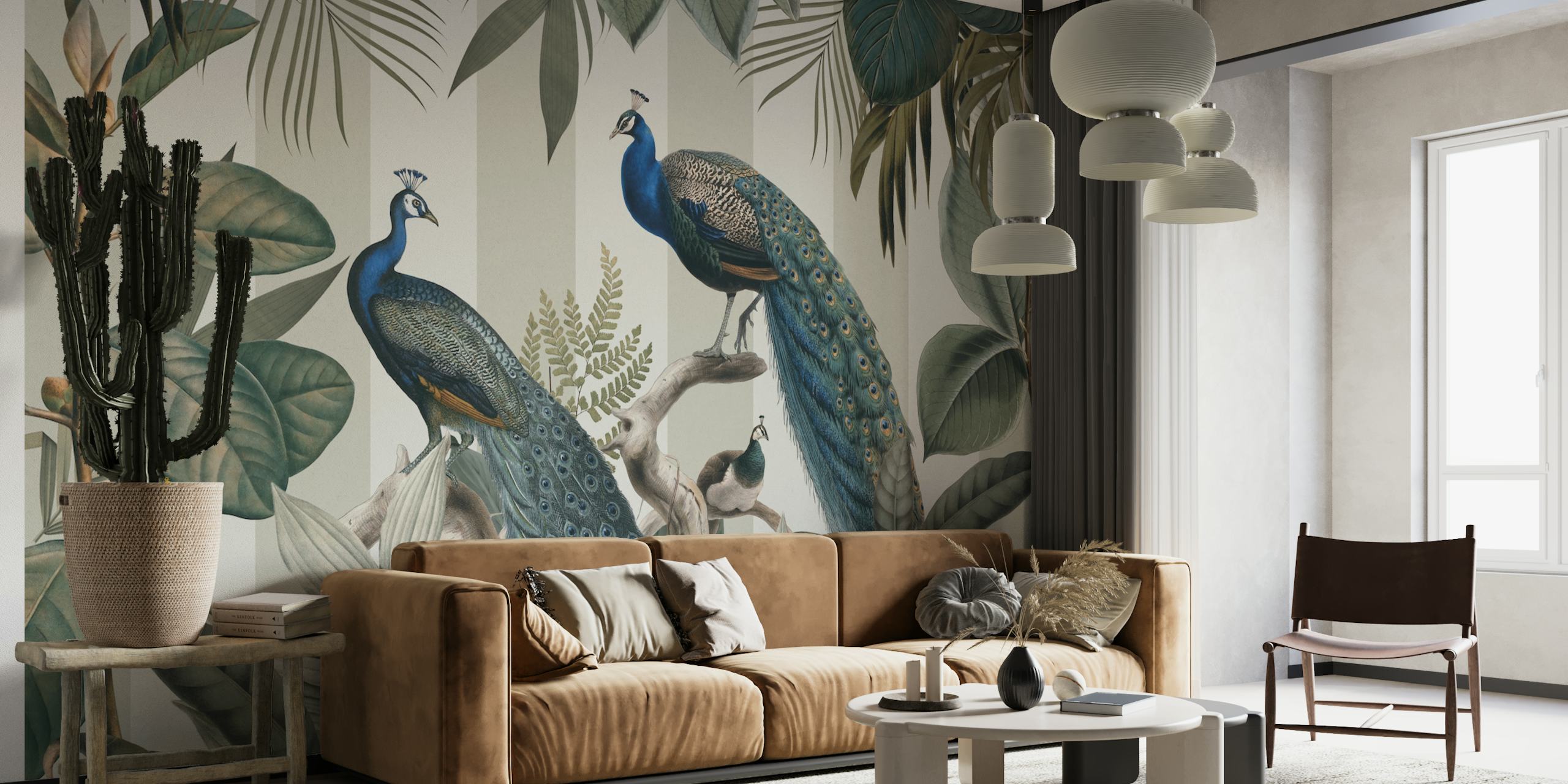 Majestic peafowls behang in een kameromgeving