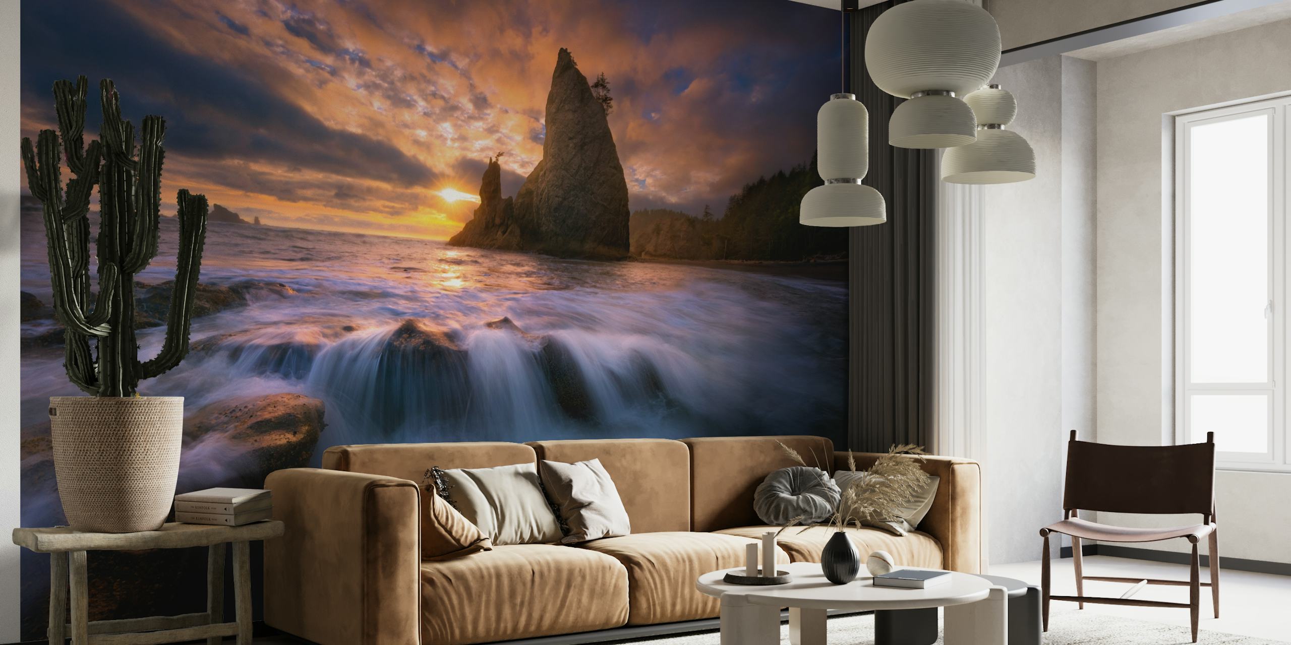 Auringonnousun merimaisema seinämaalaus kalliomuodostelmilla ja virtaavalla vedellä