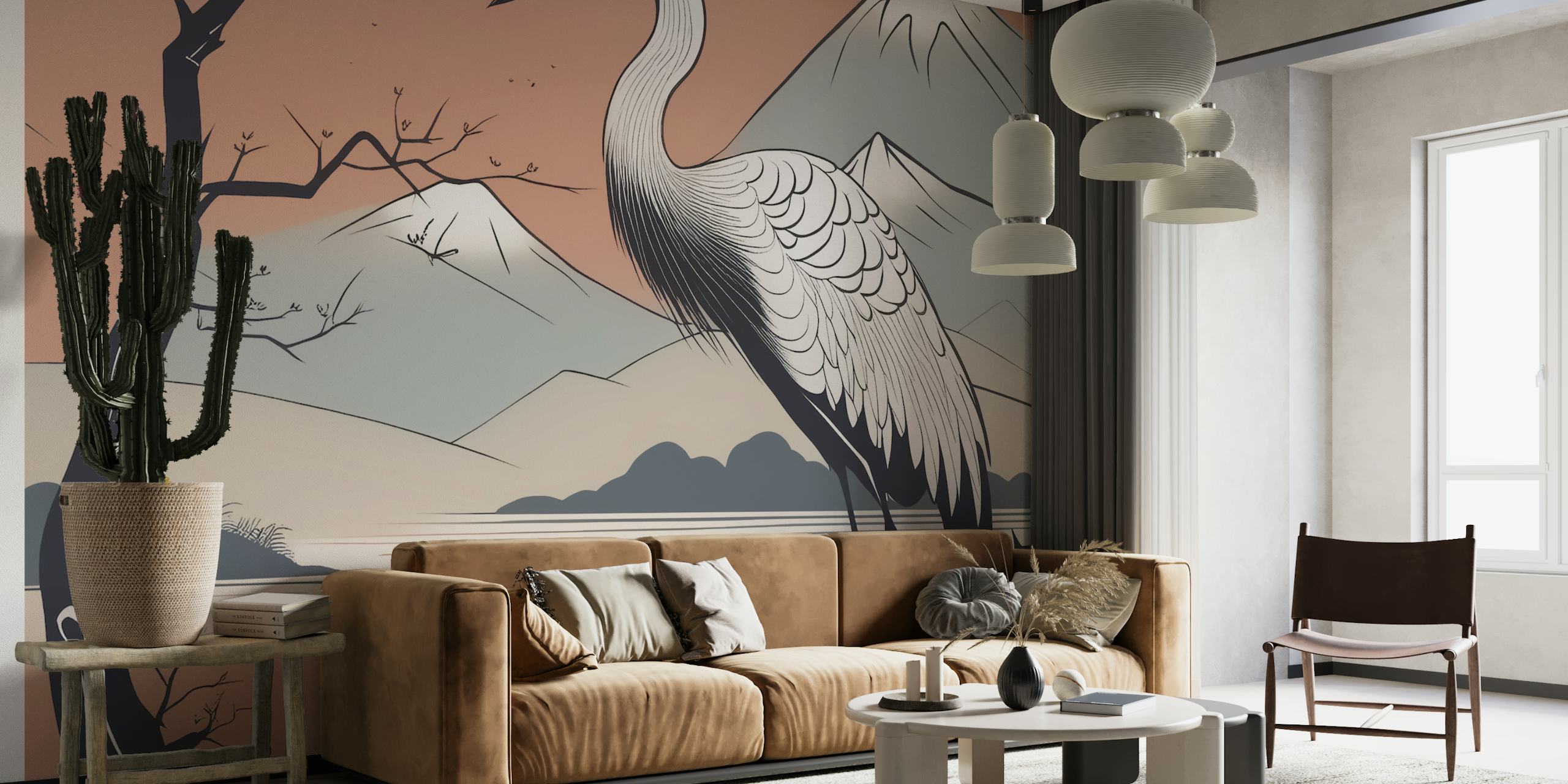 Art Deco crane illustration with mountains and trees in beige, gray, and white wallpaper