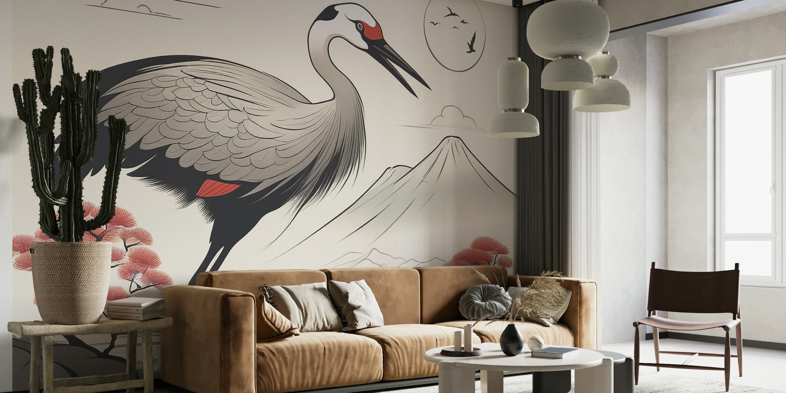 Japanisches Art-Déco-Kranich-Wandbild mit Berg Fuji und Kirschblüten
