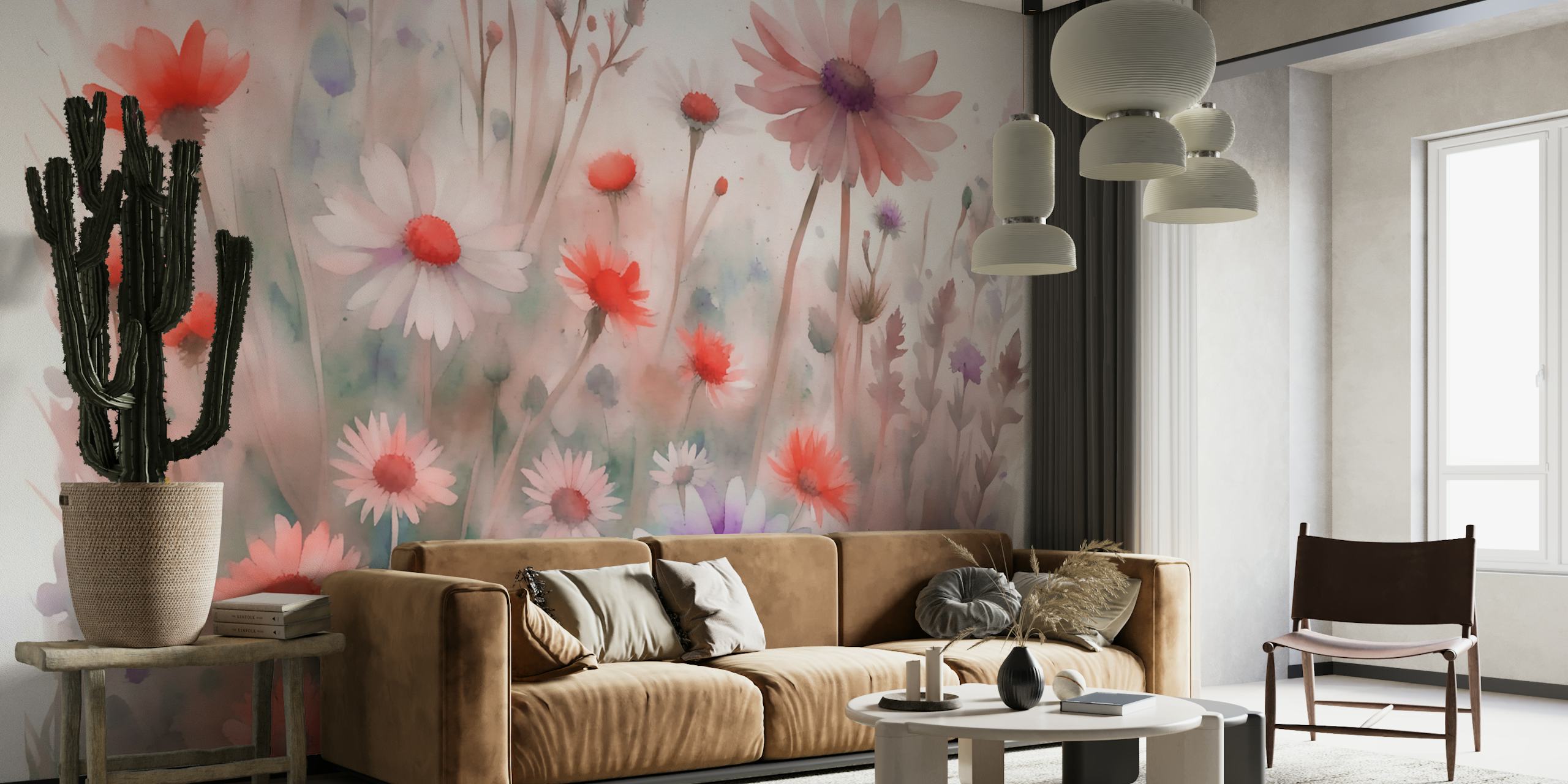 Floral watercolor design with pink and white flowers wallpaper