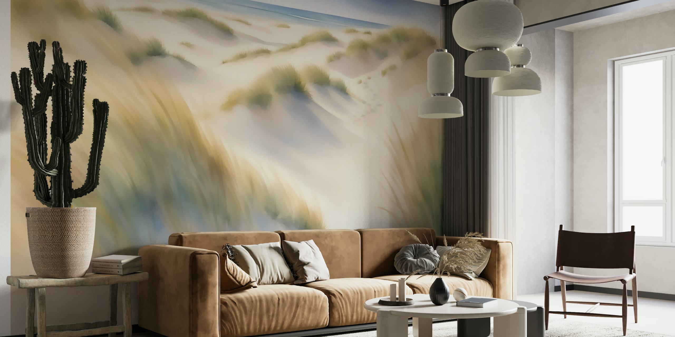 Wild Summer Grass-veggmaleri som viser forblåst strandgress i pastelltoner