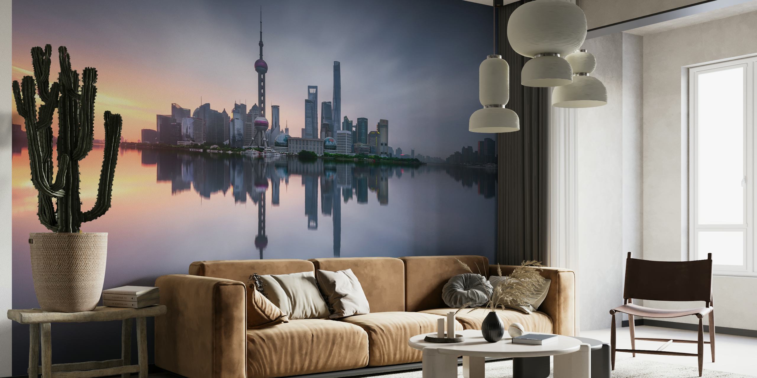 Shanghai skyline reflecting at sunrise, blue and orange, city wallpaper