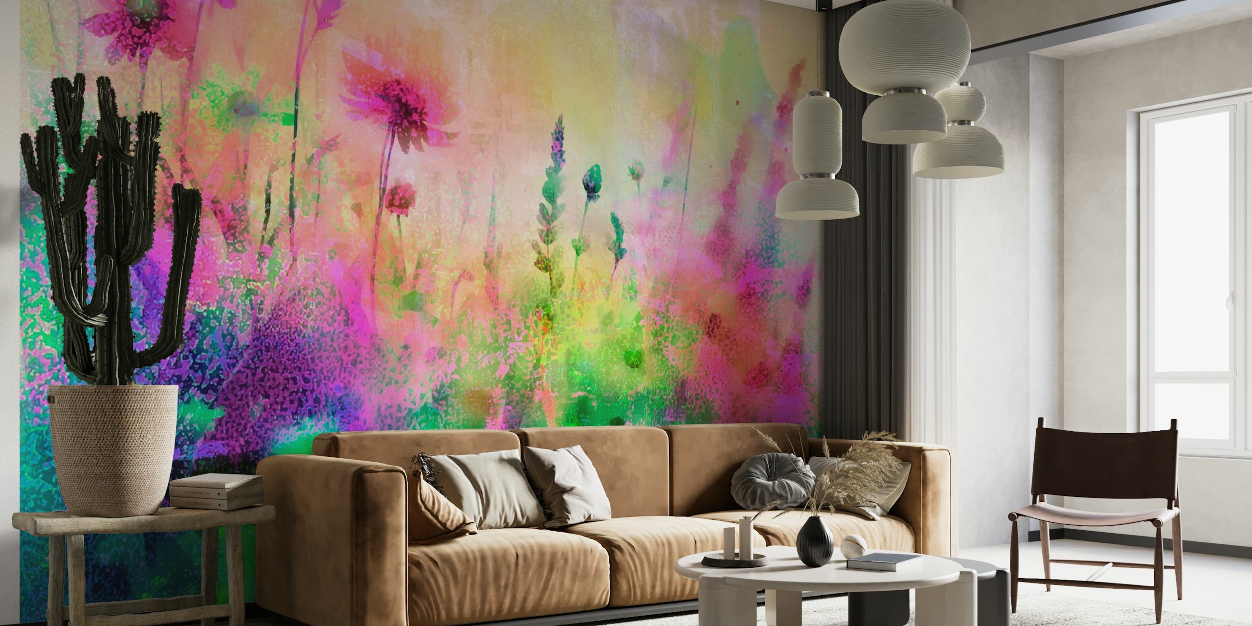 Vibrant floral design with pink and green hues wallpaper