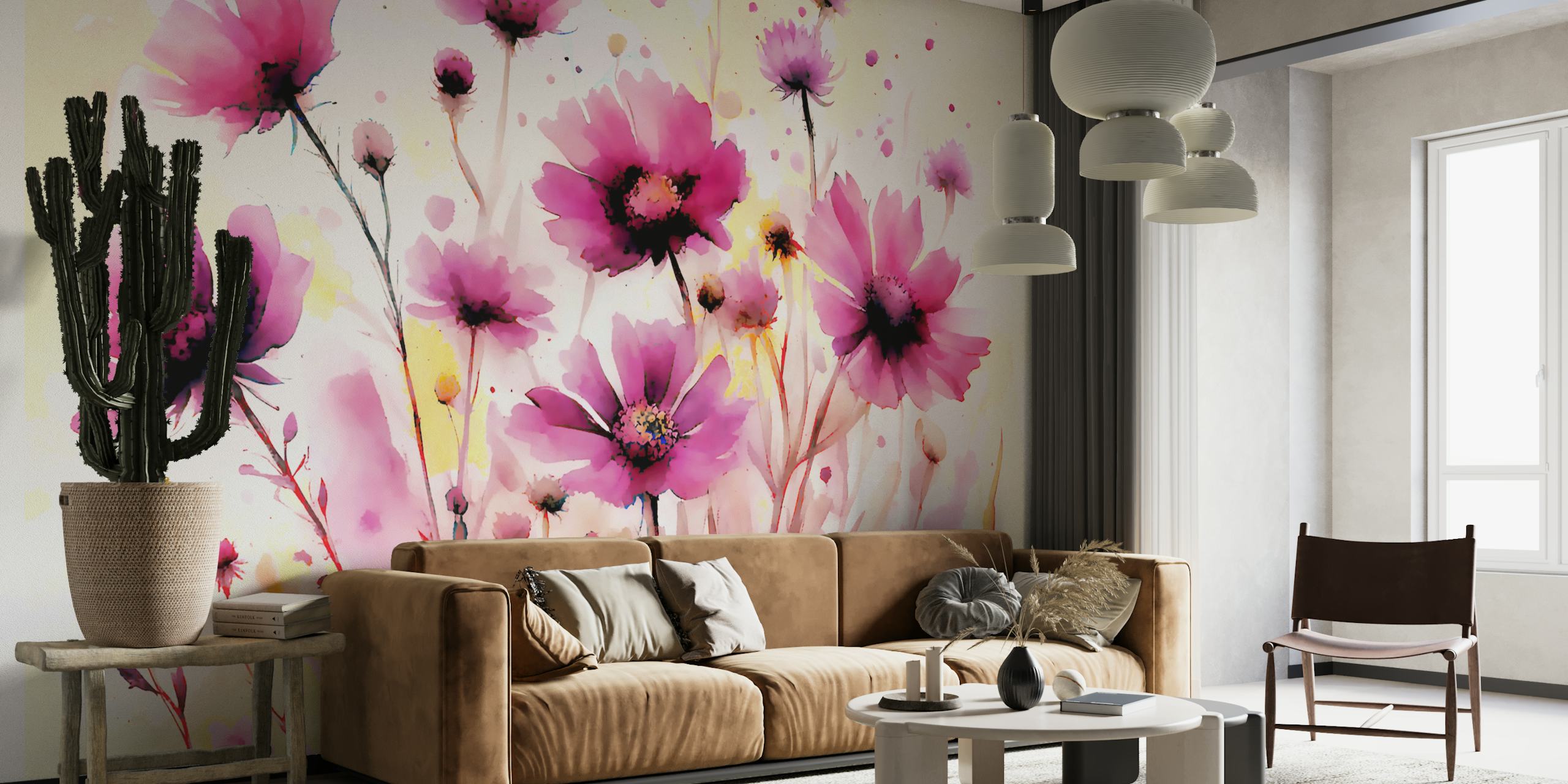 Carta da parati Floral Abstract Watercolor Magenta in una stanza