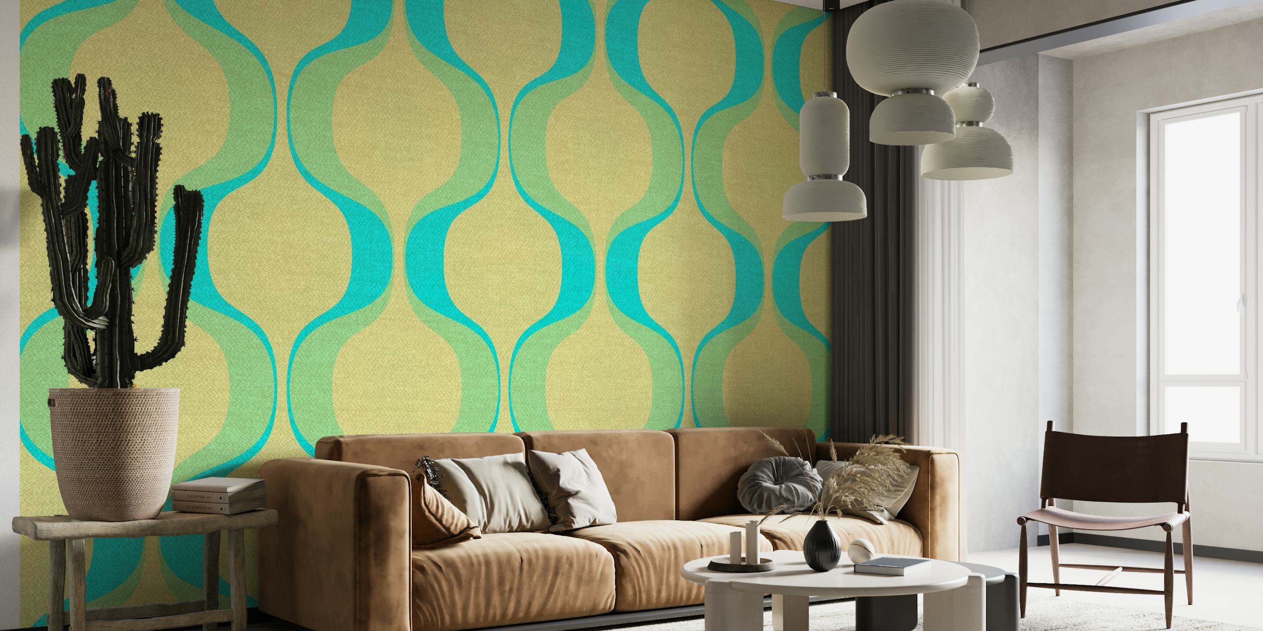 Retro 70s wall mural with turquoise and mustard geometric patterns on a linen textured background.