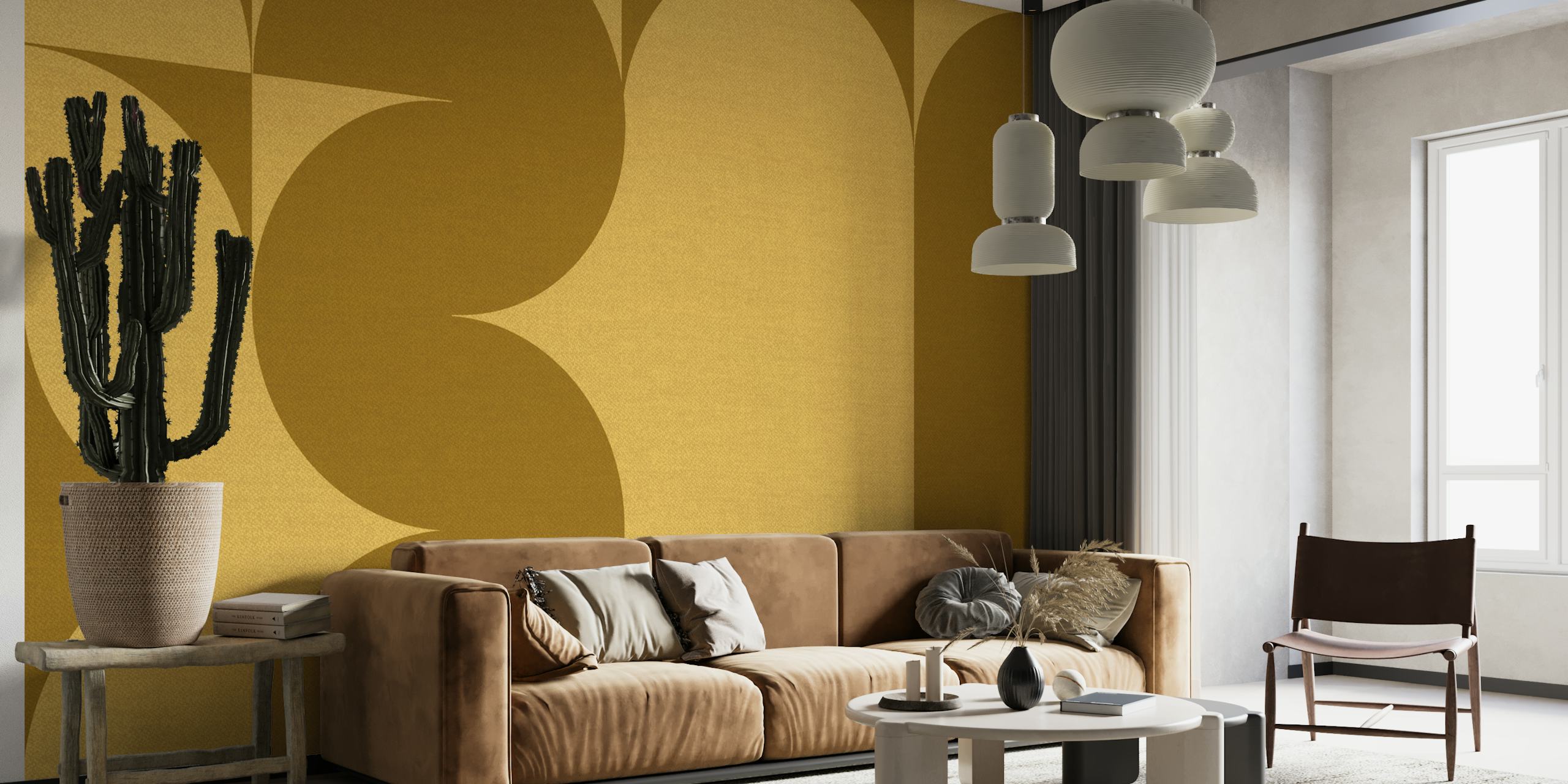 Minimalist retro wall mural with geometric shapes on a linen-textured background