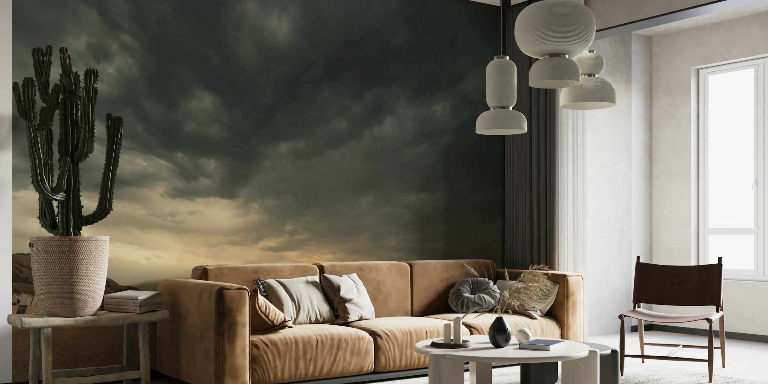 Dramatic Dutch beachscape wall mural with stormy skies and a golden horizon