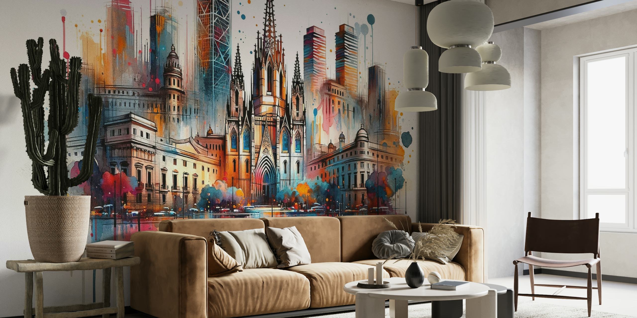 Watercolor painting wall mural of Barcelona skyline with colorful drips and artistic splashes