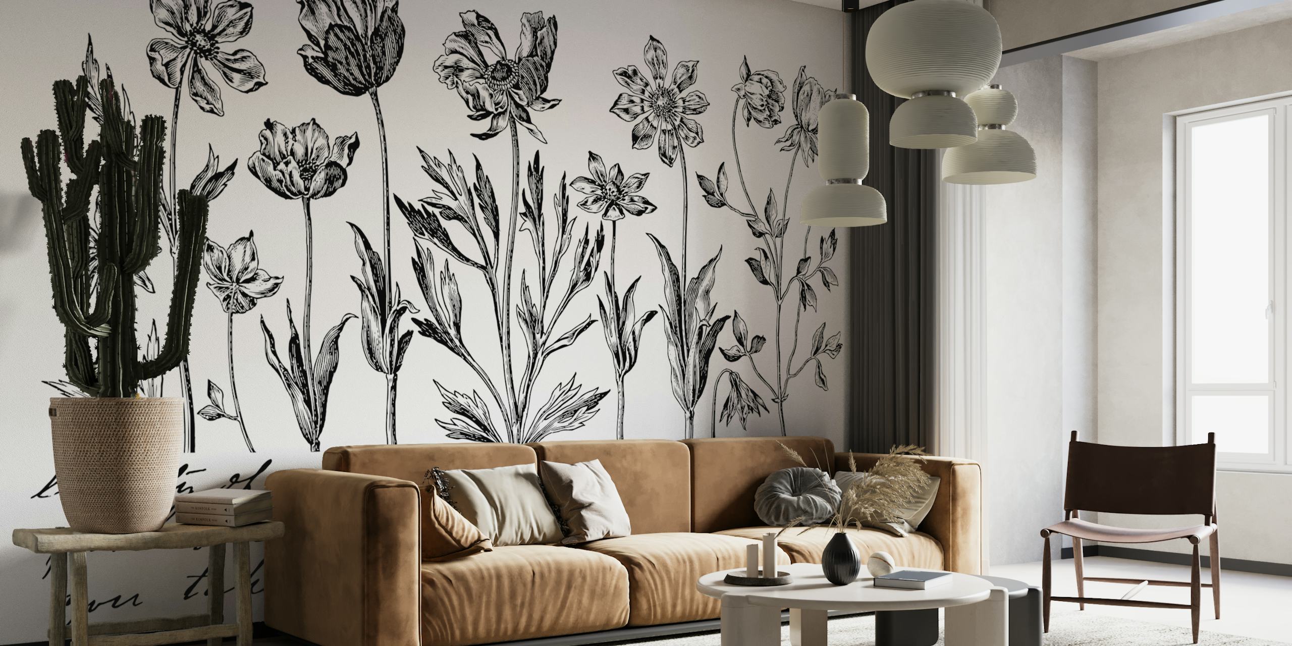 Czarno-białe szkice botaniczne w stylu vintage z fototapetą ze skryptem