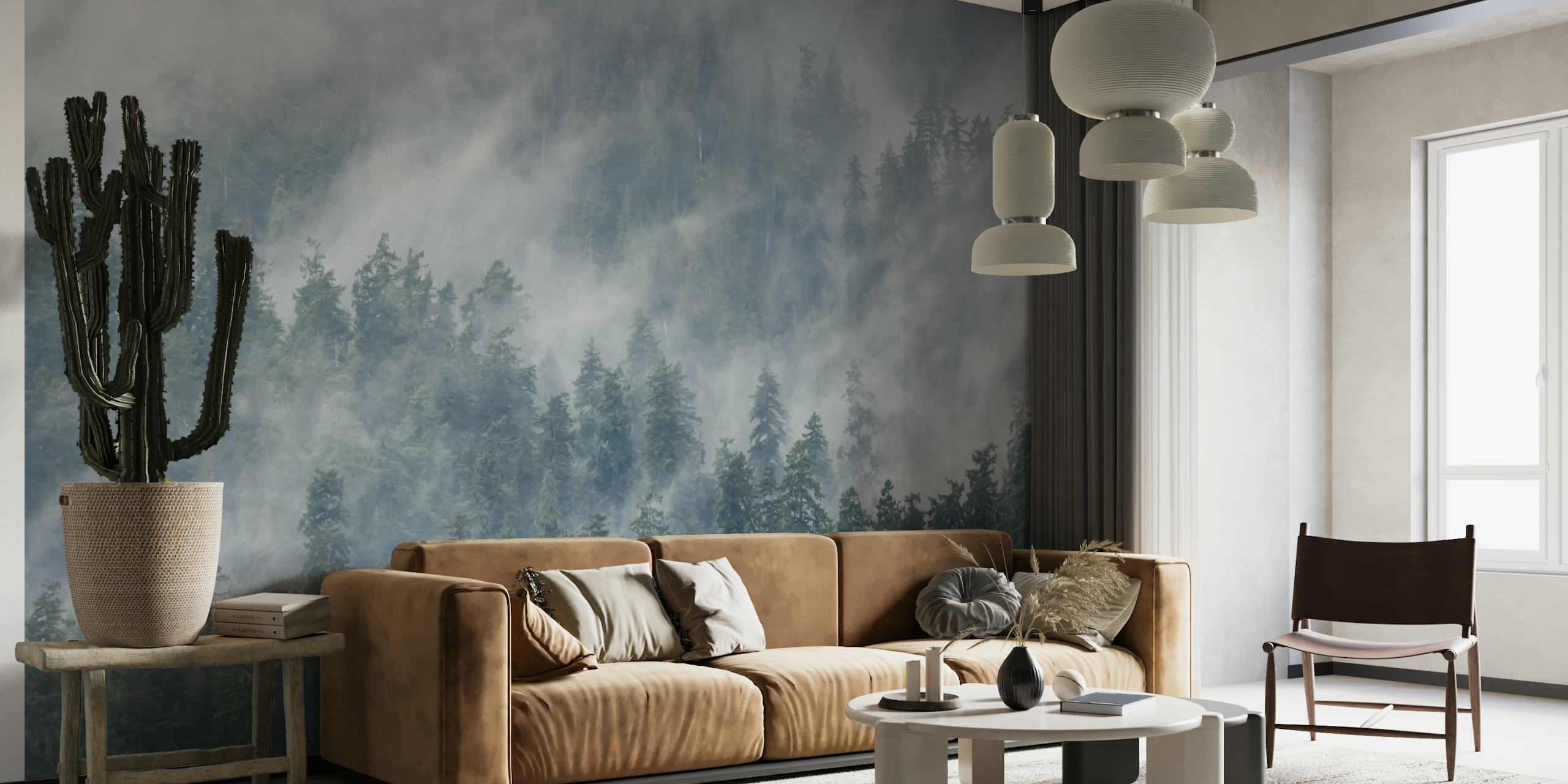 Misty forest with evergreen trees and fog wallpaper