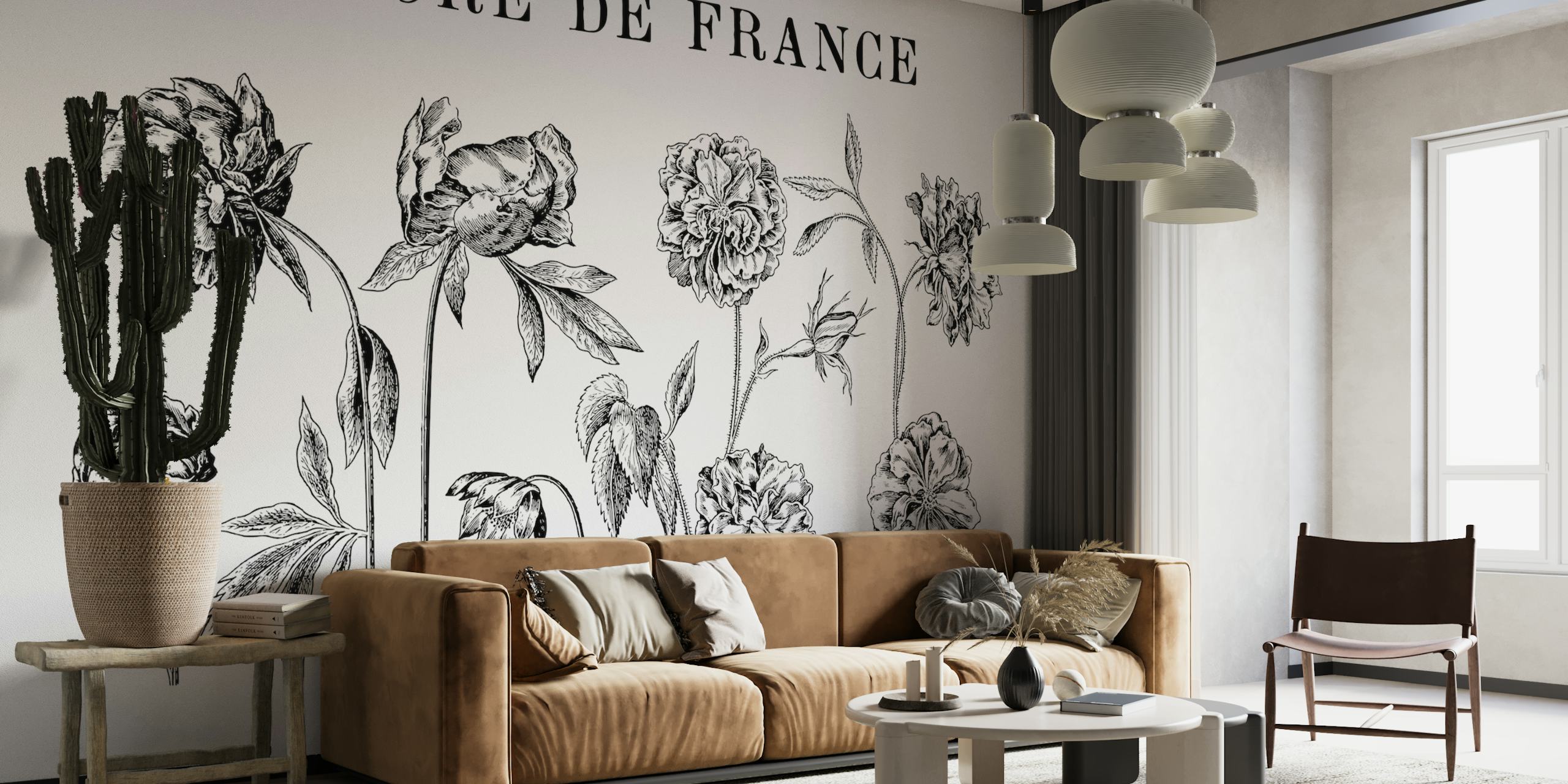 Mural De Pared Con Dibujos Botánicos En Blanco Y Negro Que Muestra Detalladas Obras De Arte Florales Históricas Tituladas Flore De France
