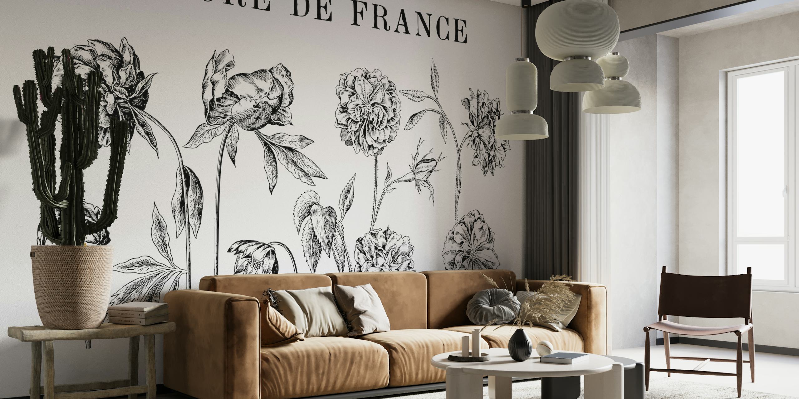 Nástěnná malba s černobílými botanickými kresbami zobrazující detailní historické květinové umělecké dílo s názvem „FLORE DE FRANCE“