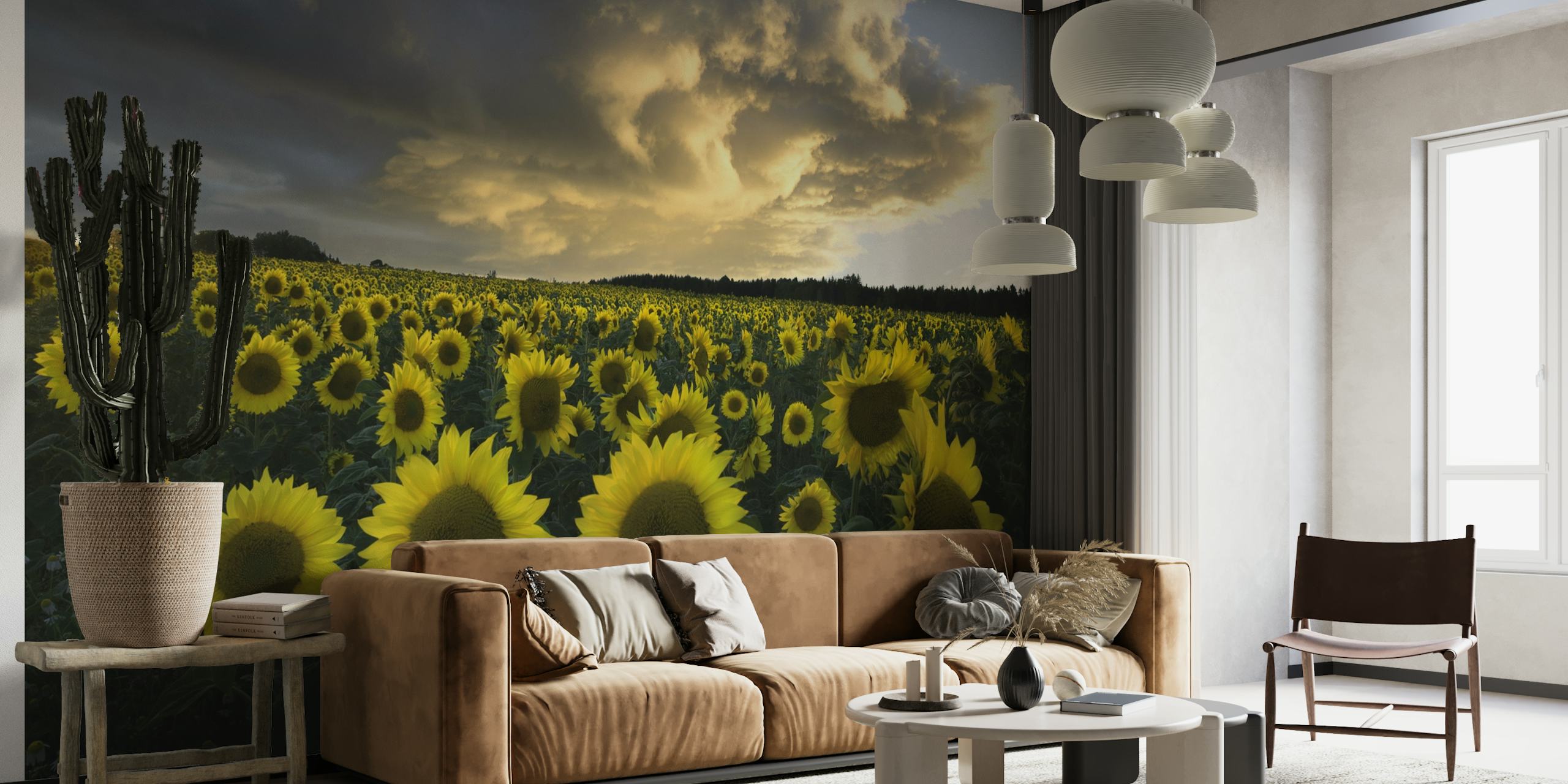Die Fototapete „Sonnenblumen in Schweden“ zeigt ein Feld blühender Sonnenblumen unter einem bewölkten Himmel