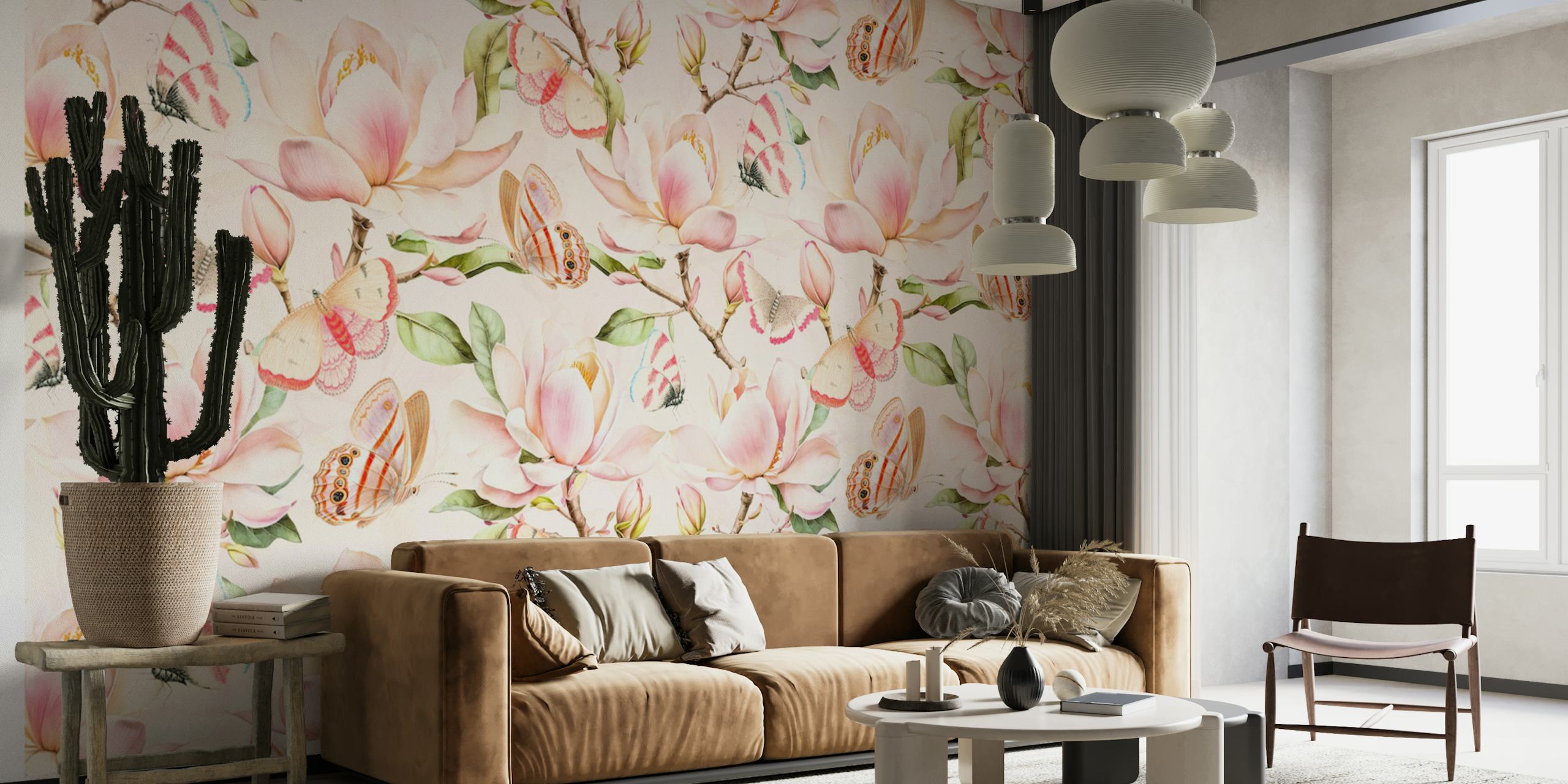 Pink magnolia flowers and butterflies on light background wallpaper