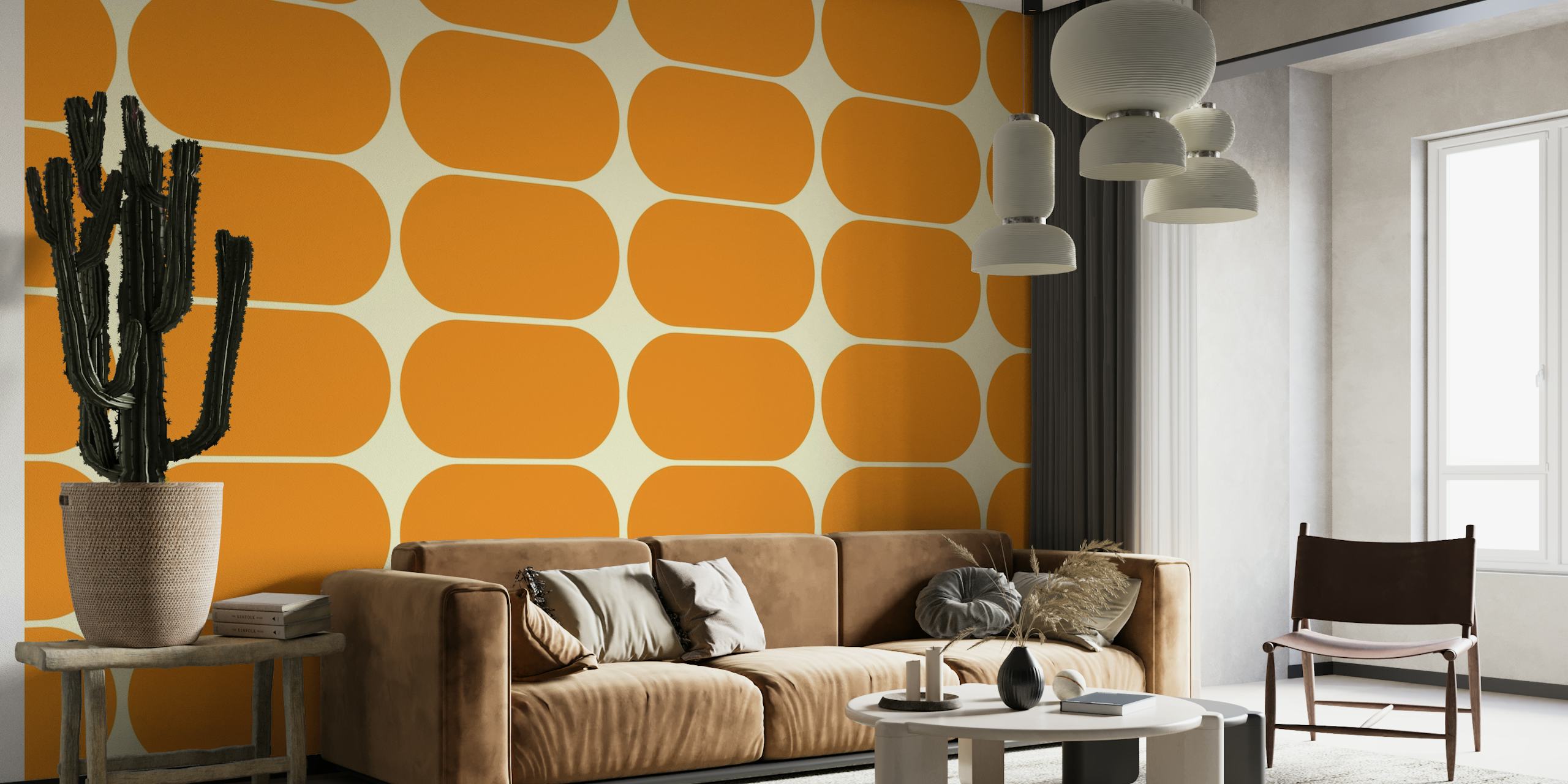 Orangefarbene abstrakte Kieselsteinformen auf einem Retro-Wandbild im Mid-Century-Stil