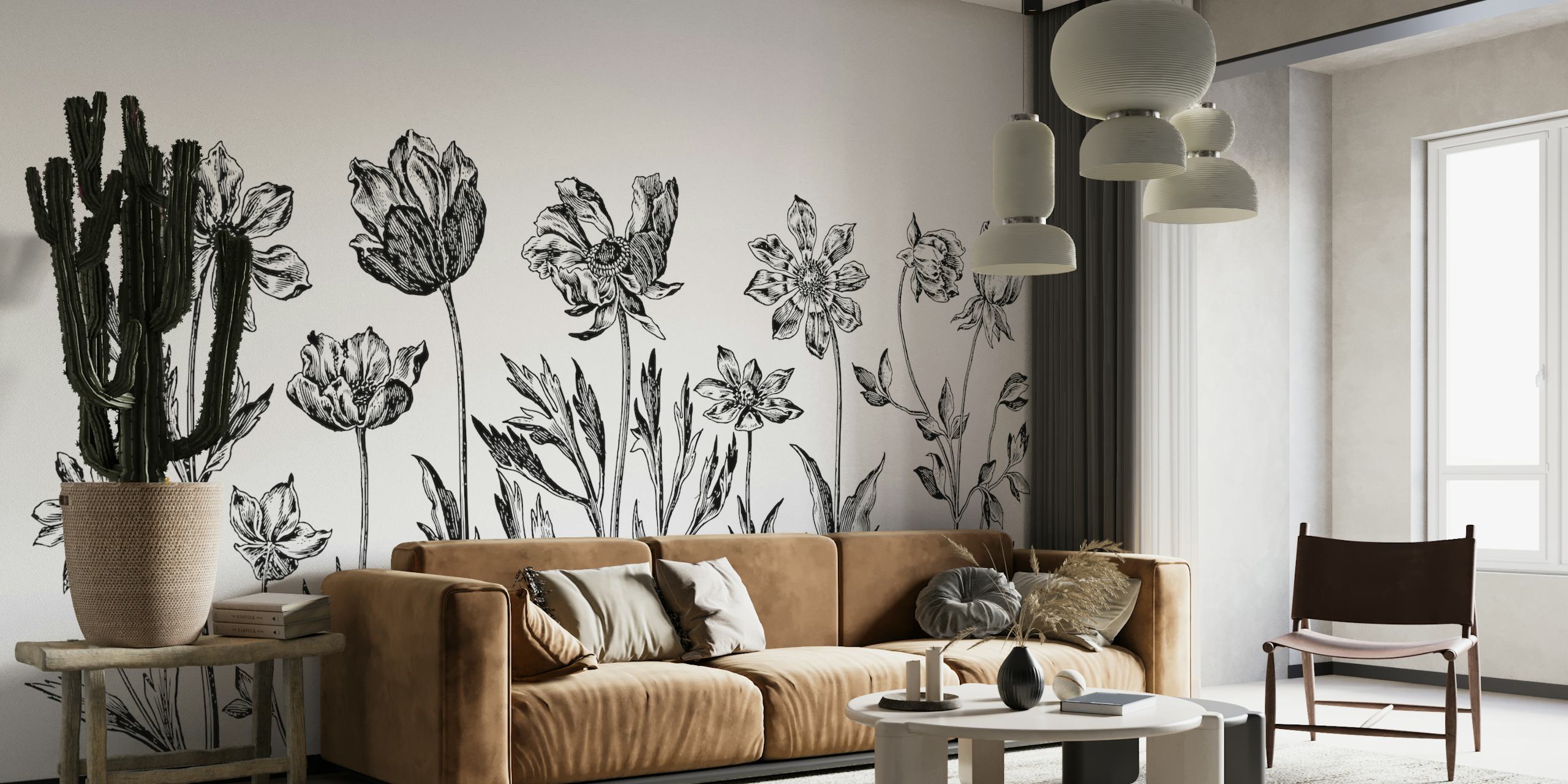 Historic Flower Drawing Black And White wallpaper