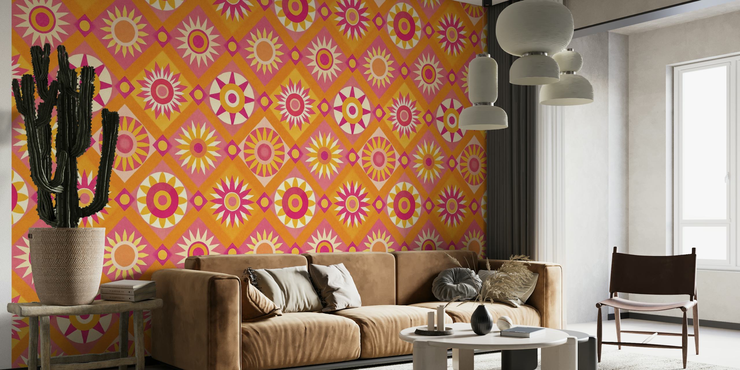 Mural de pared Whimsical Sunshine Quilt Collage con vibrantes estampados en rosa y naranja