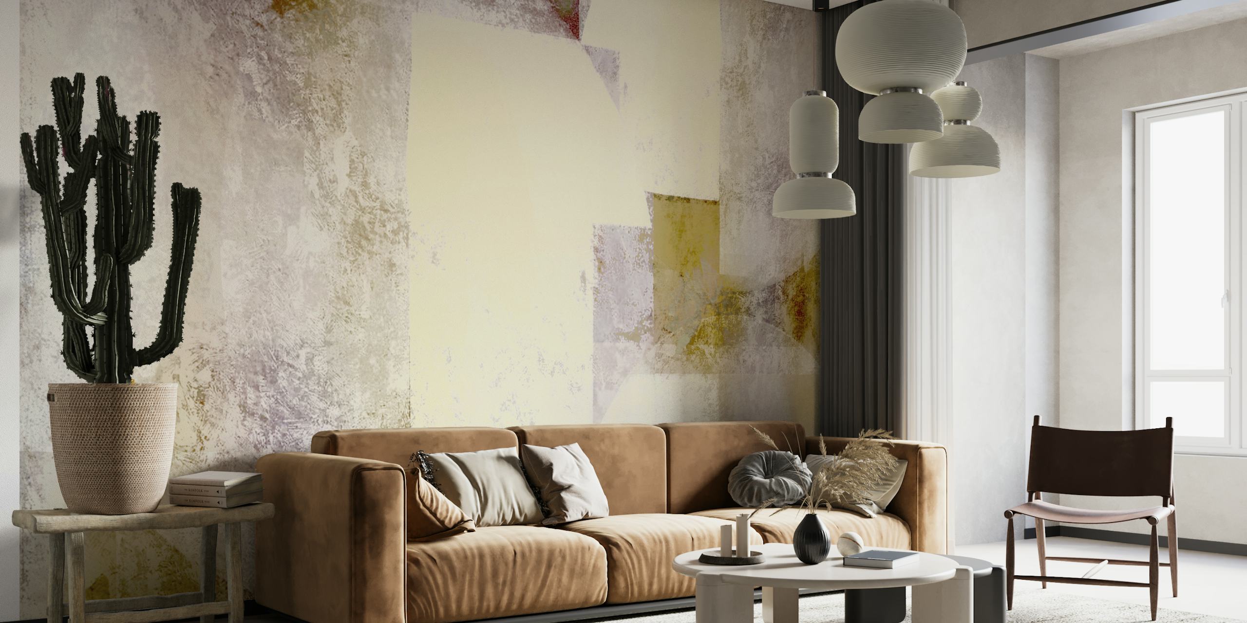 Mural abstracto inspirado en la Bauhaus, que presenta una mezcla de texturas color crema, dorado y marrón.