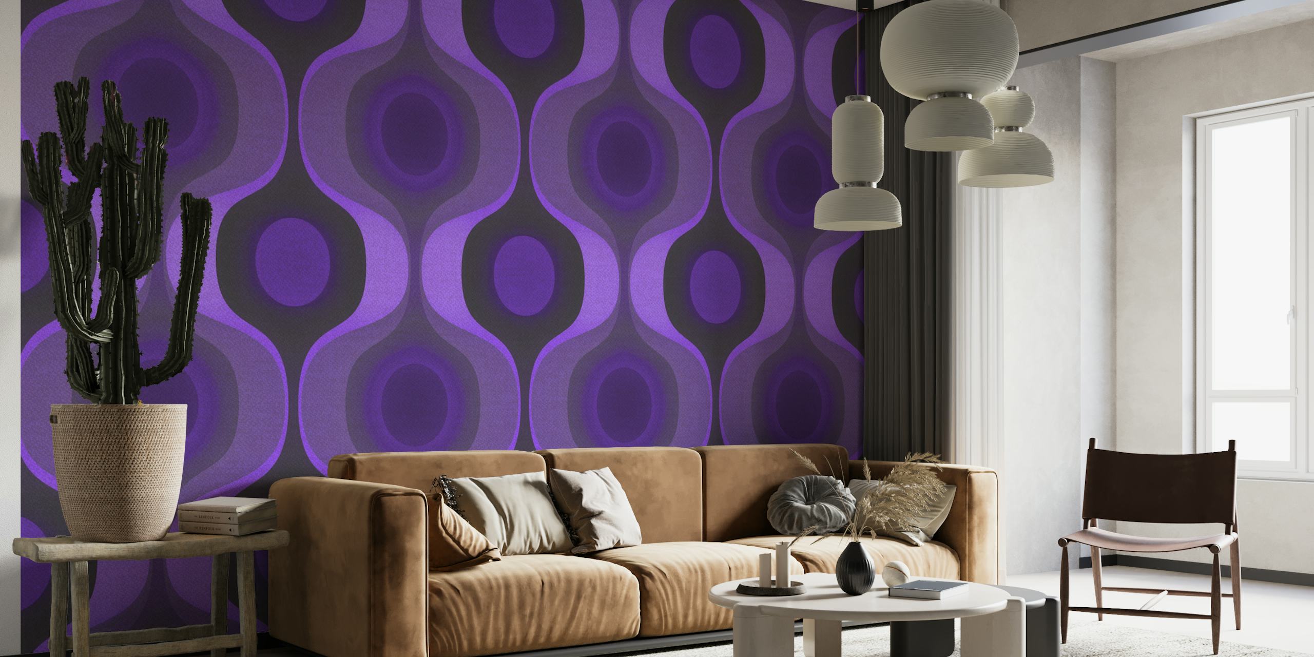 Purple retro 70s groovy wallpaper in a room
