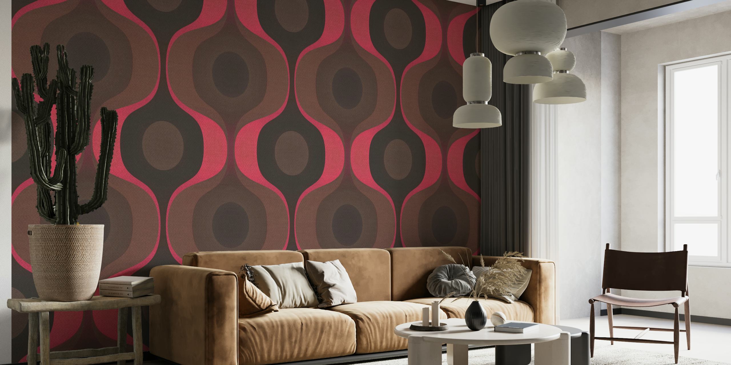 Moody Brown Retro 70s Geometry wall mural with interlocking circles and abstract shapes in brown and pink.