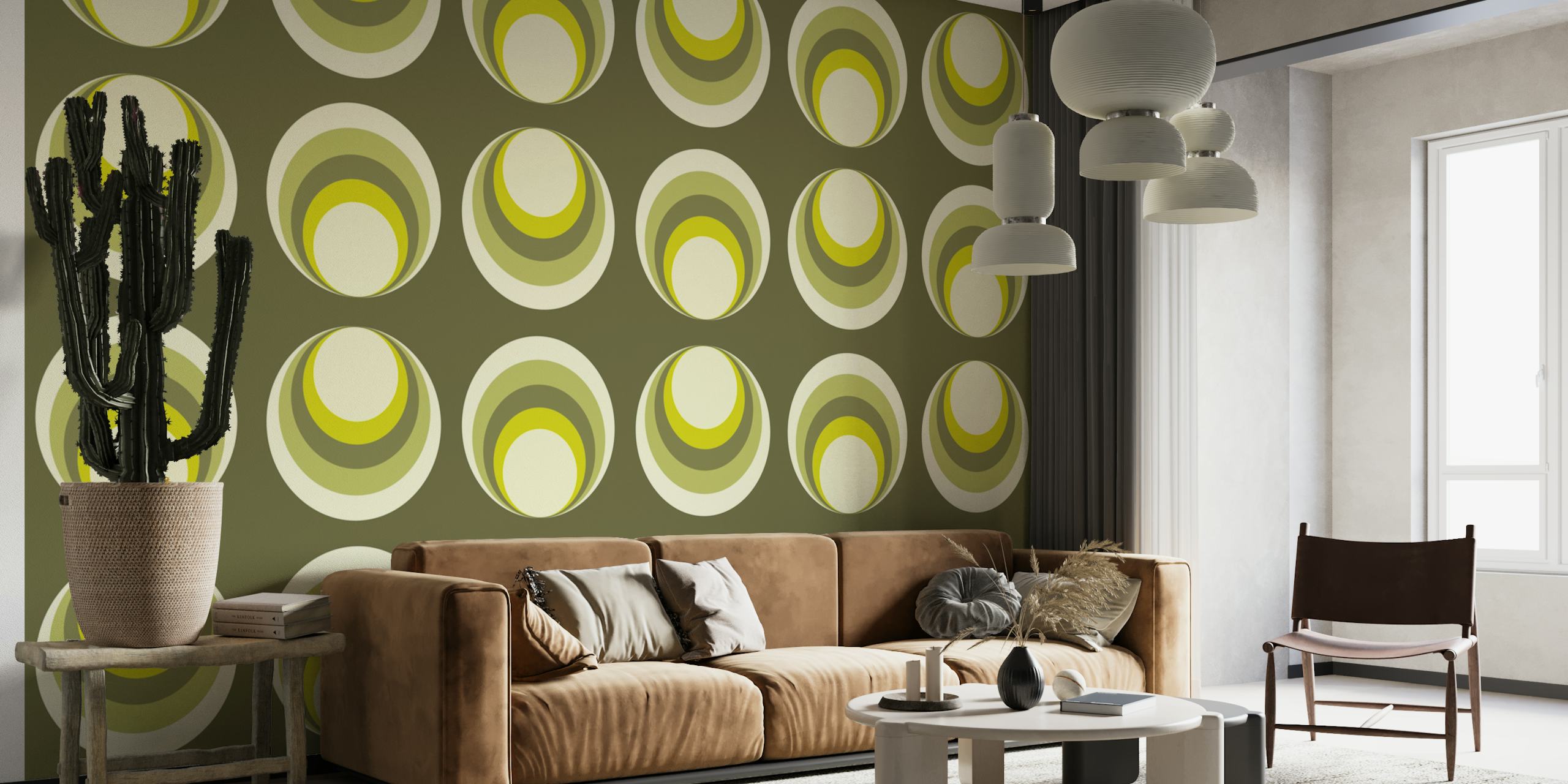 Green and yellow geometric circular pattern wallpaper