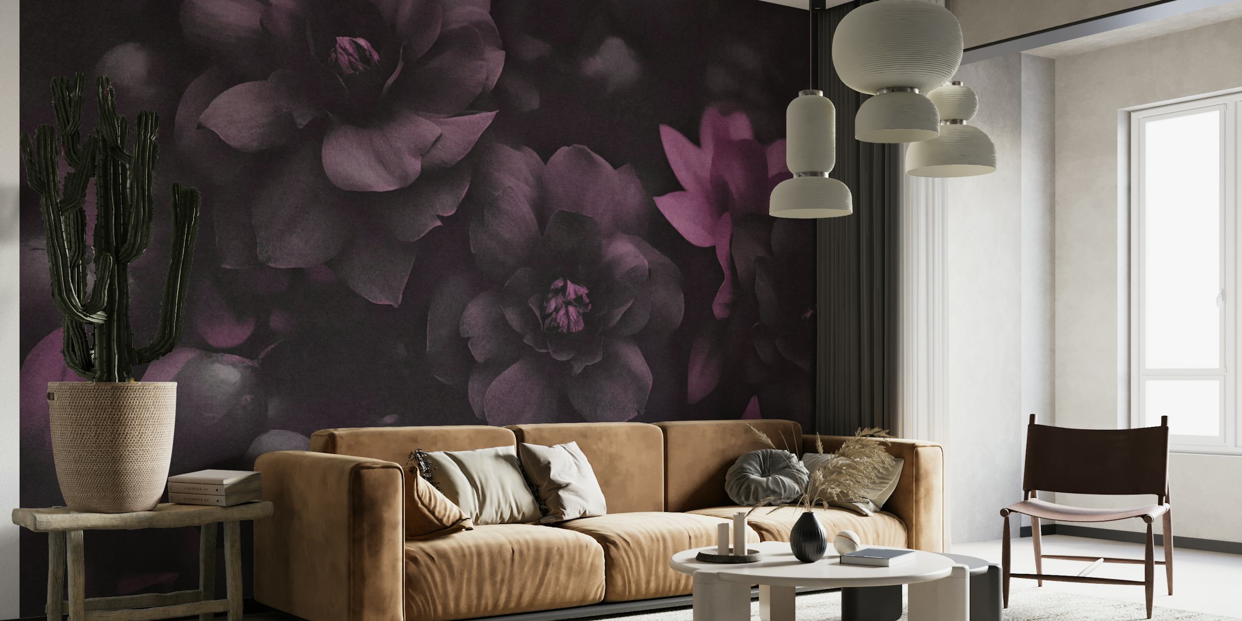Dark mauve floral wallpaper in a room