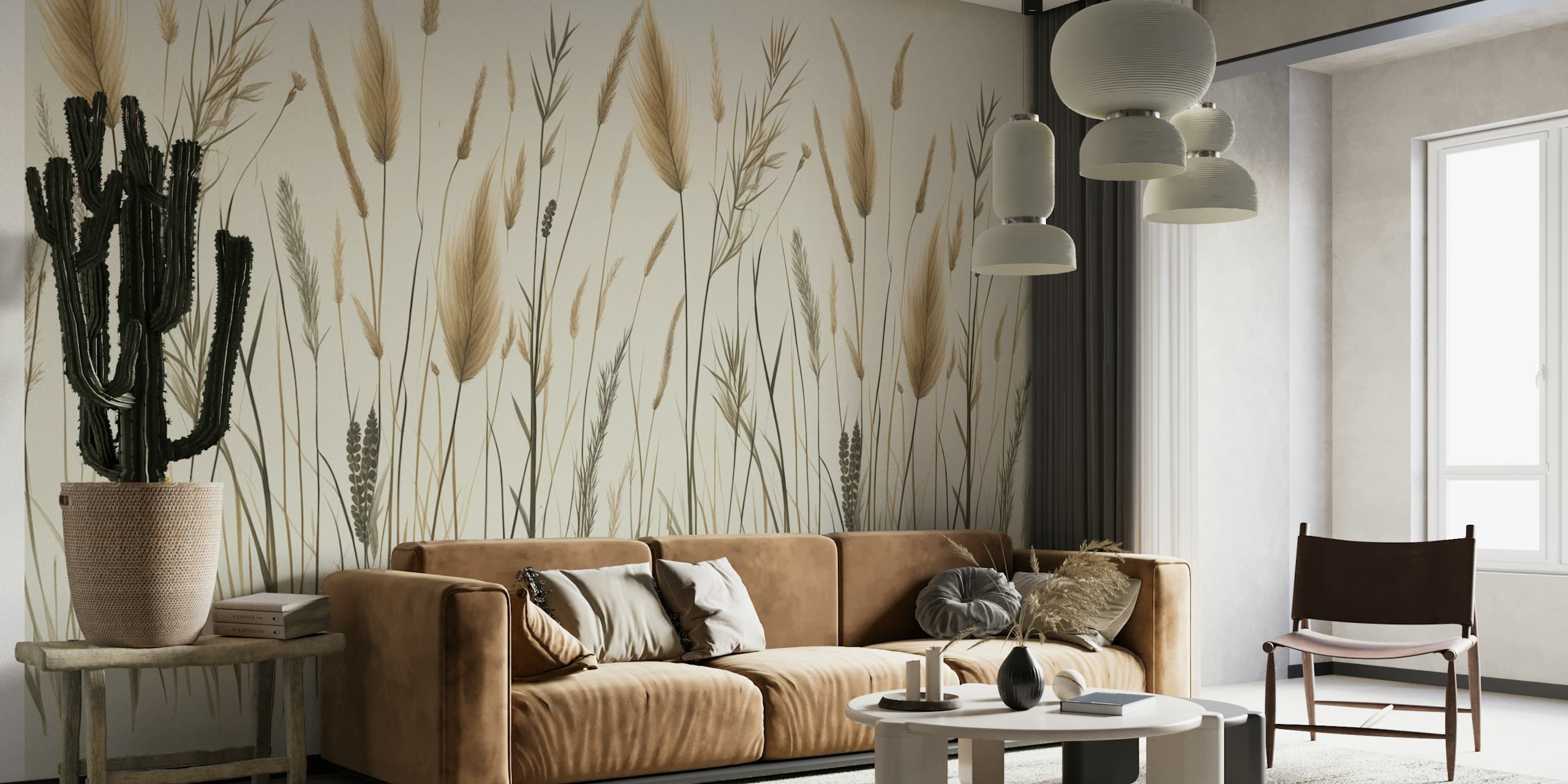 Botanical grass pattern in neutral shades, beige and brown wallpaper