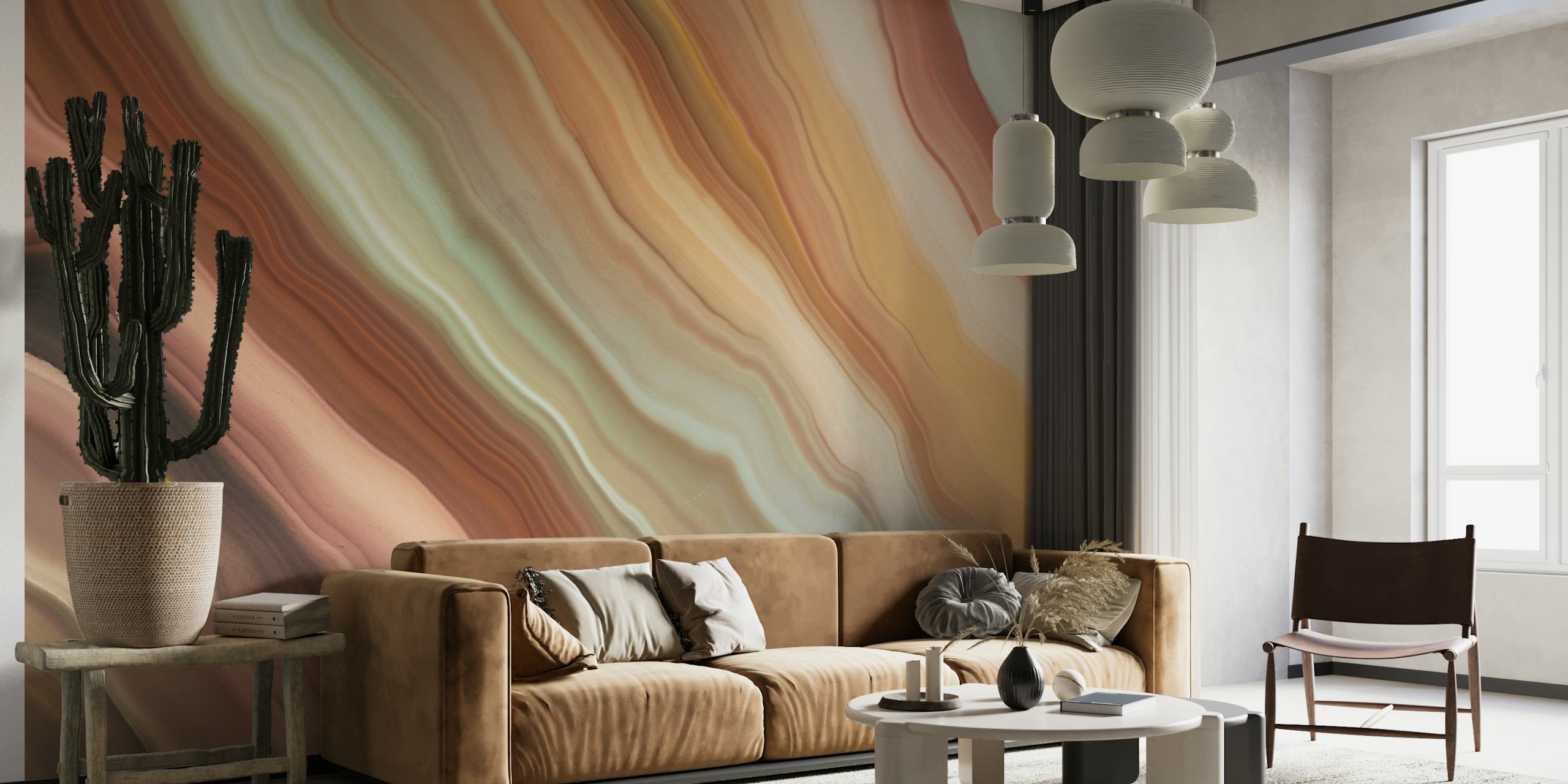 Modern marble watercolor design in peach, brown, and teal tones wallpaper