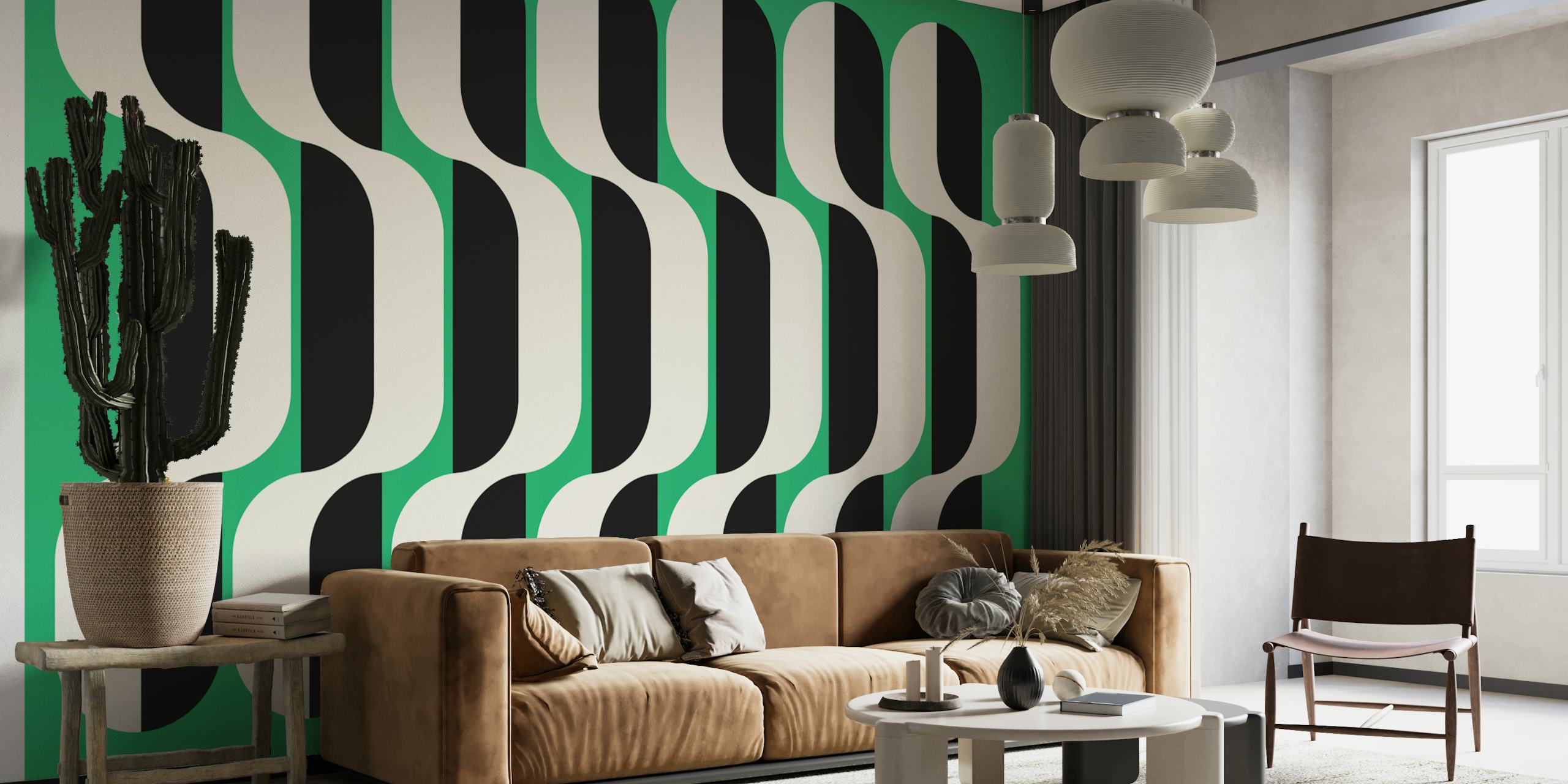 Monochromatic wave patterned wall mural with vintage aesthetics