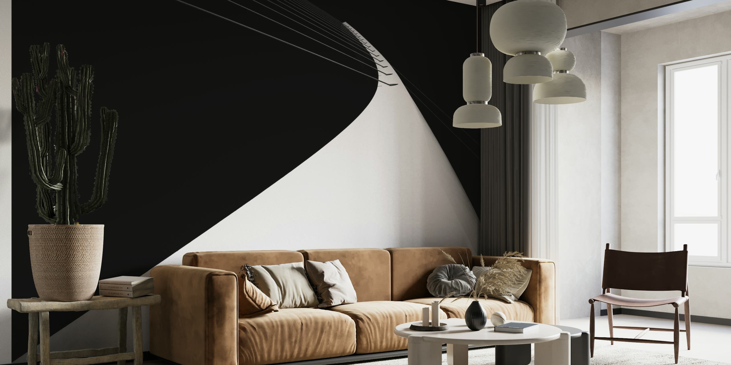 Mustavalkoinen seinämaalaus, joka kuvaa minimalistista kaaria, joka kurottaa kohti tummaa taivasta