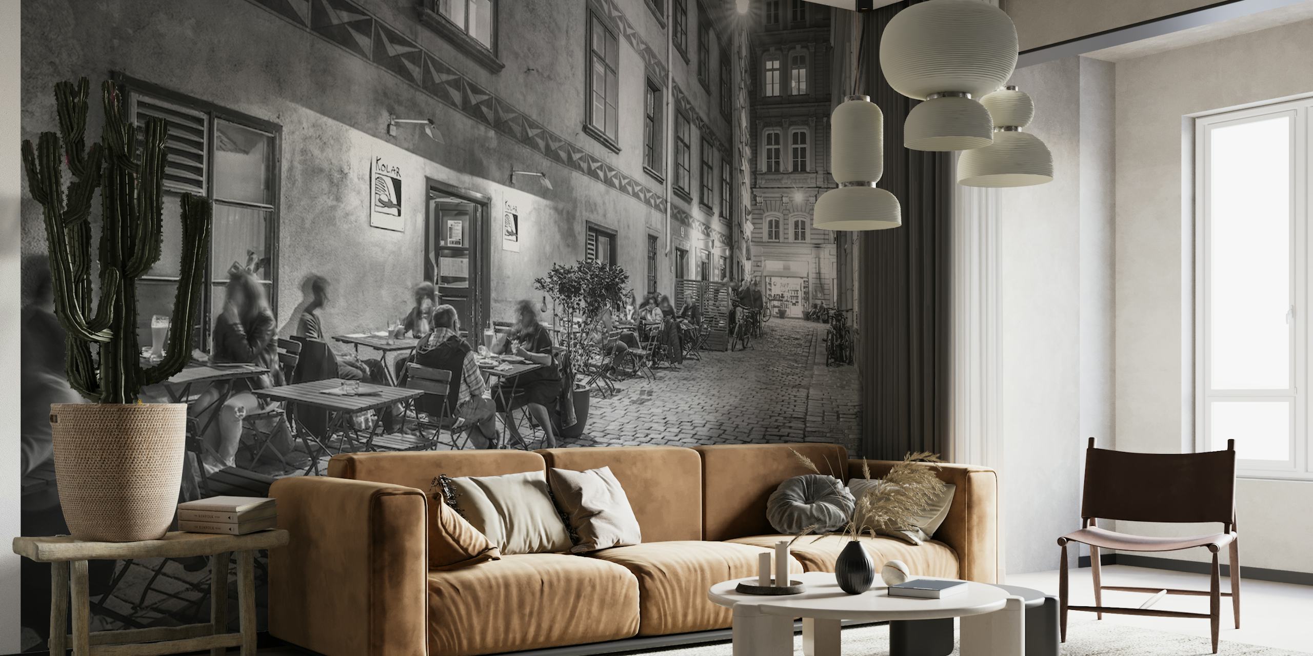 Black and white street cafe scene with tables and patrons wallpaper