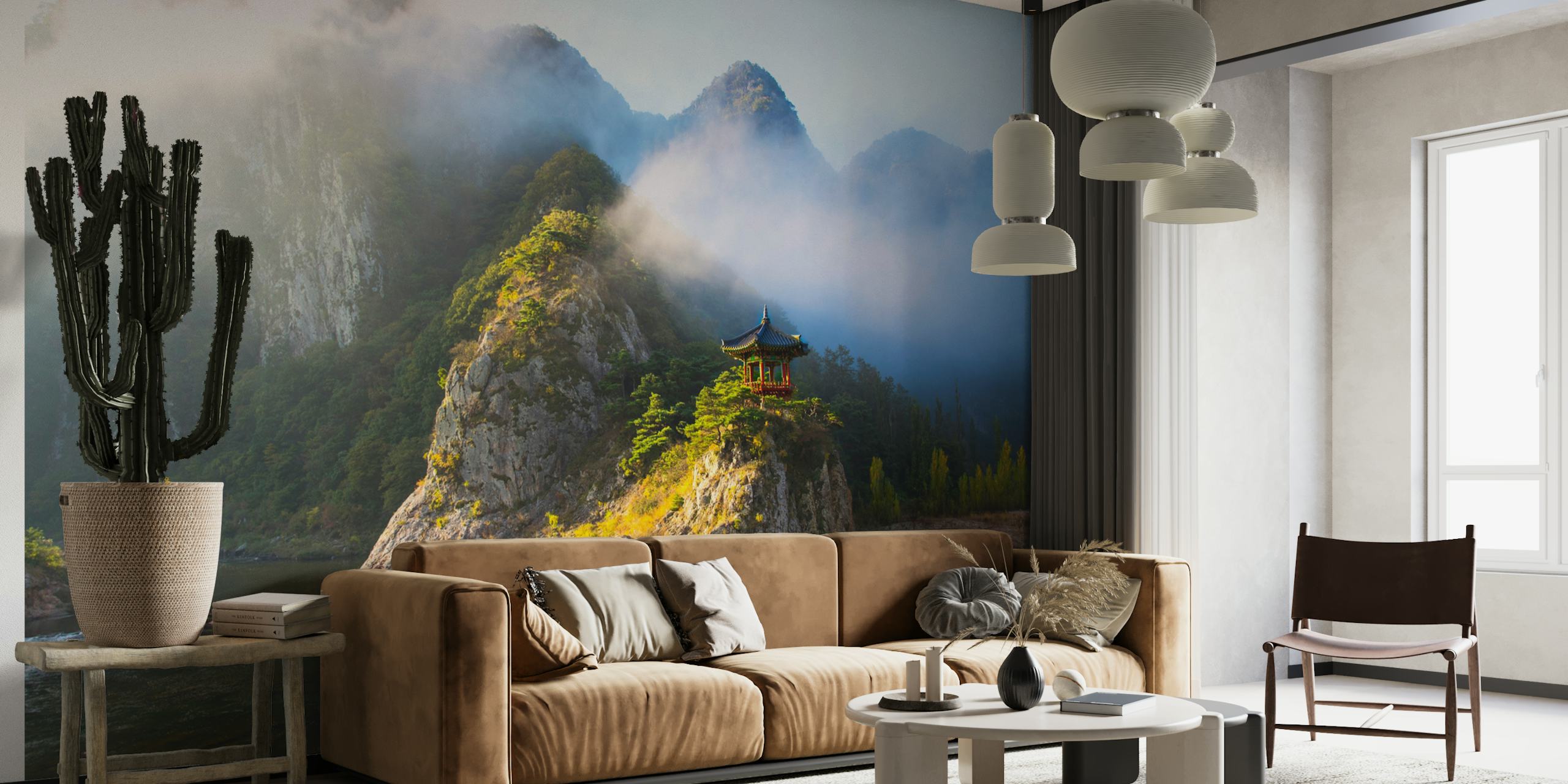 Mountain landscape with mist and a pavilion wallpaper