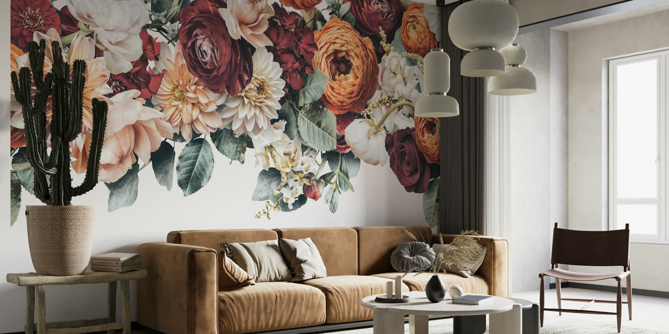 Floral wall mural with summer flowers including peonies, roses, and ranunculus on a clear background - Summerflower Border