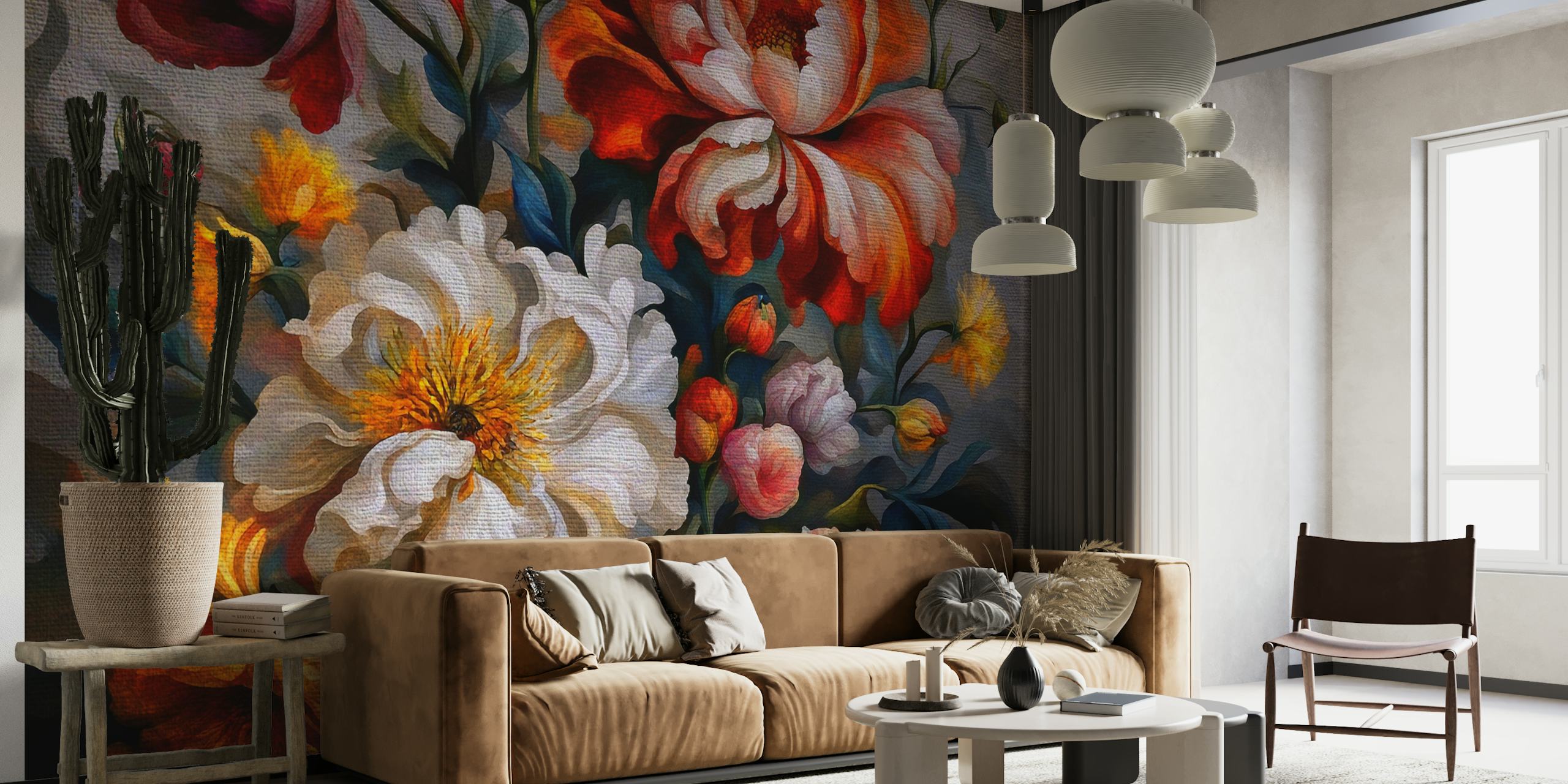 Baroque style floral wall mural on a moody dark background