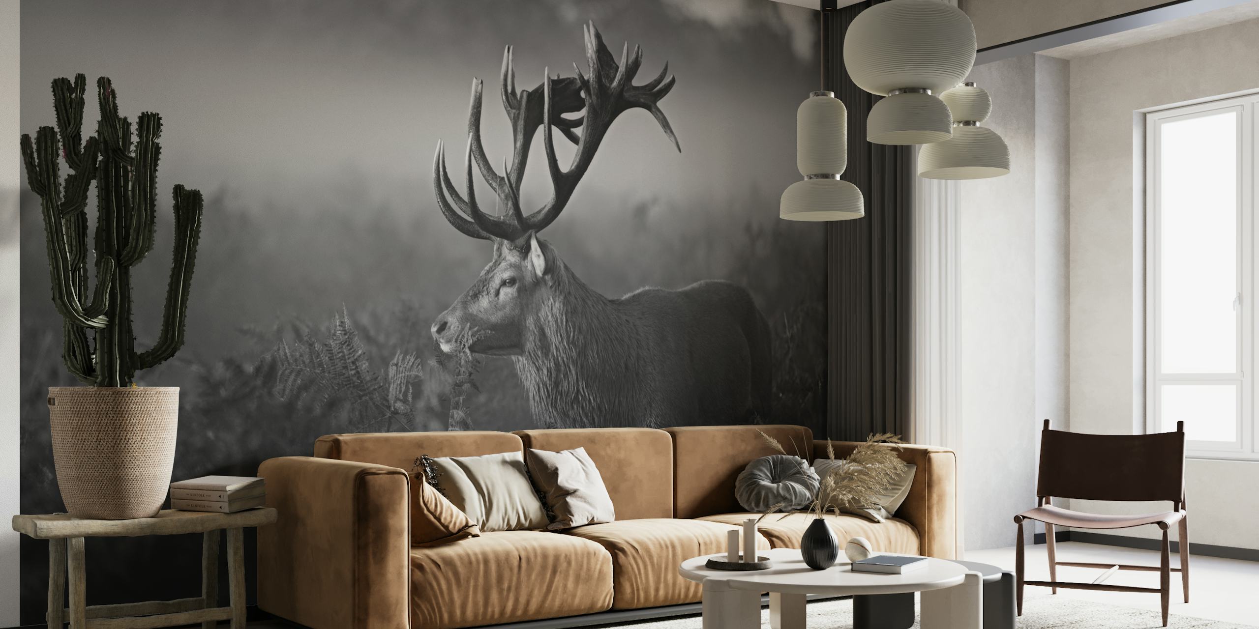 Black and white wall mural featuring a stag in a foggy forest landscape