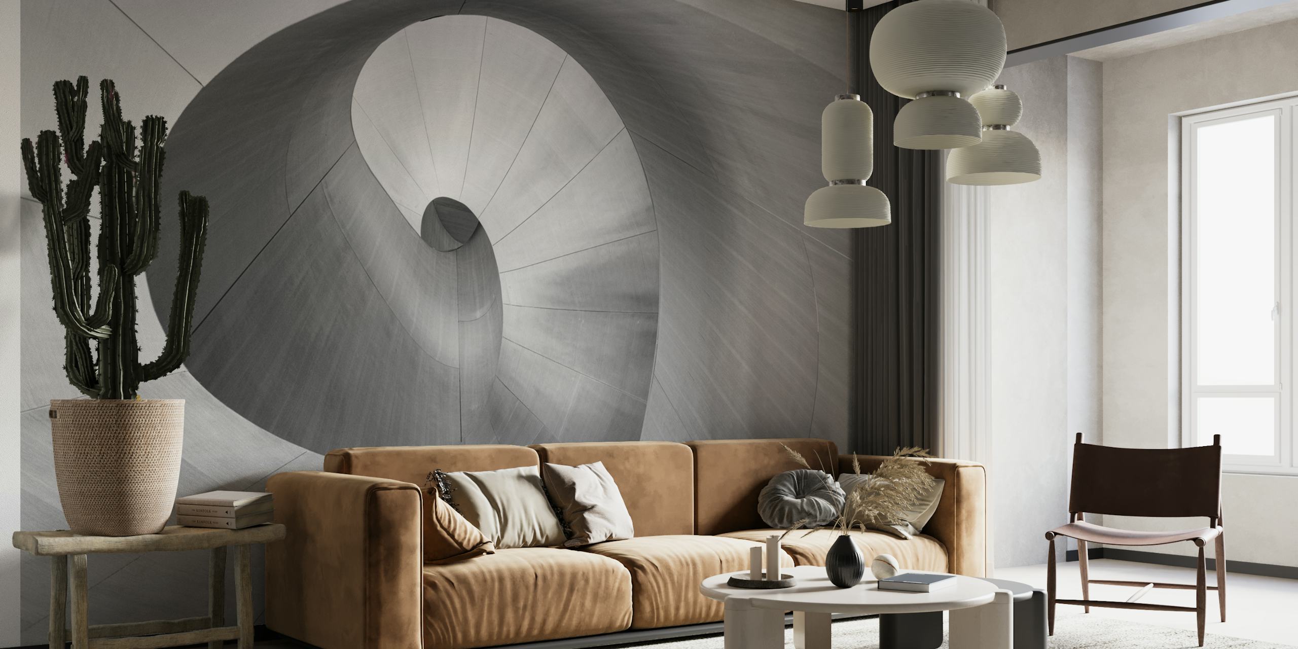 Peinture murale abstraite en noir et blanc présentant des courbes en spirale
