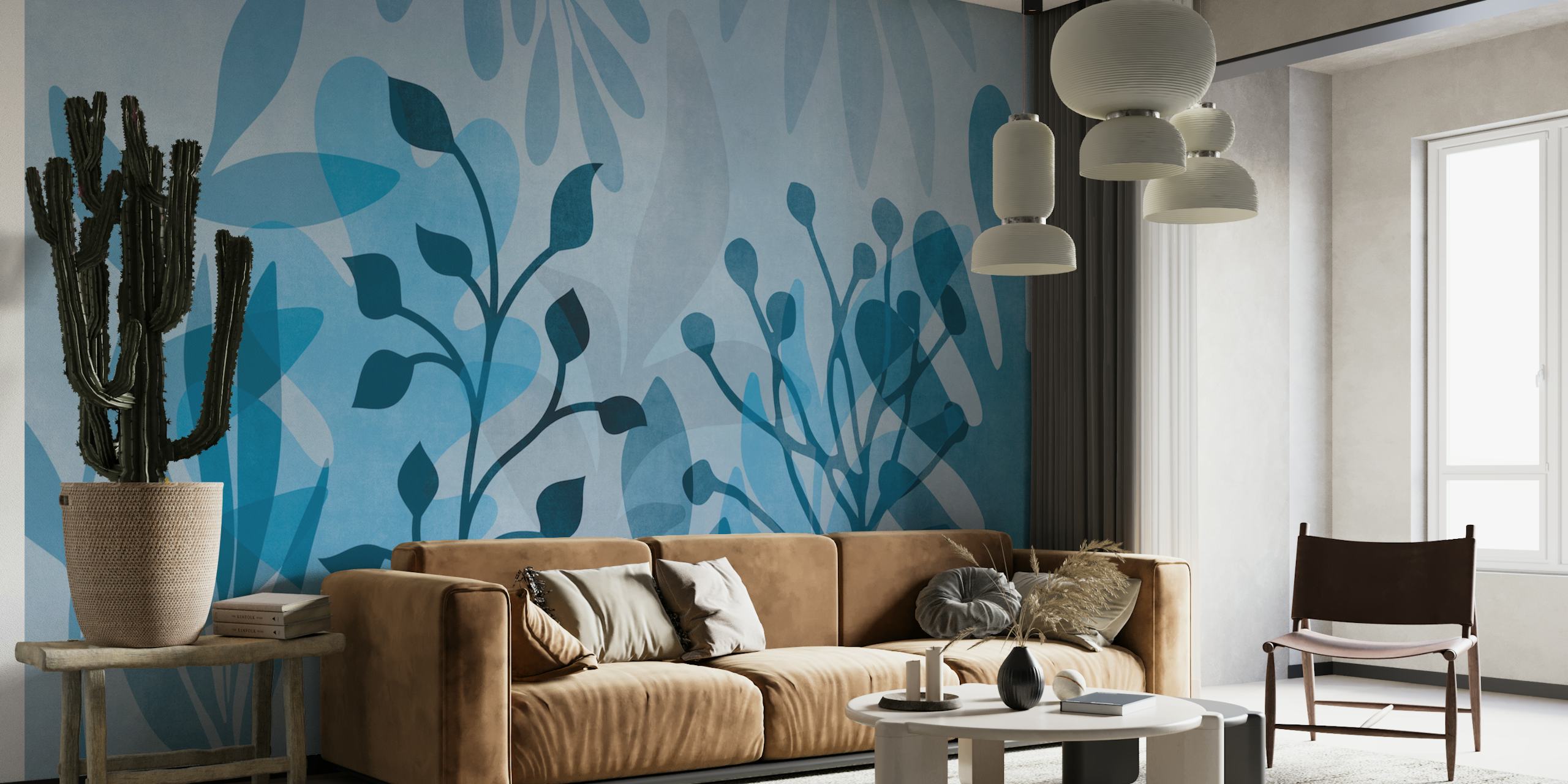 Blue tropical leaf patterns wall mural for serene home decor