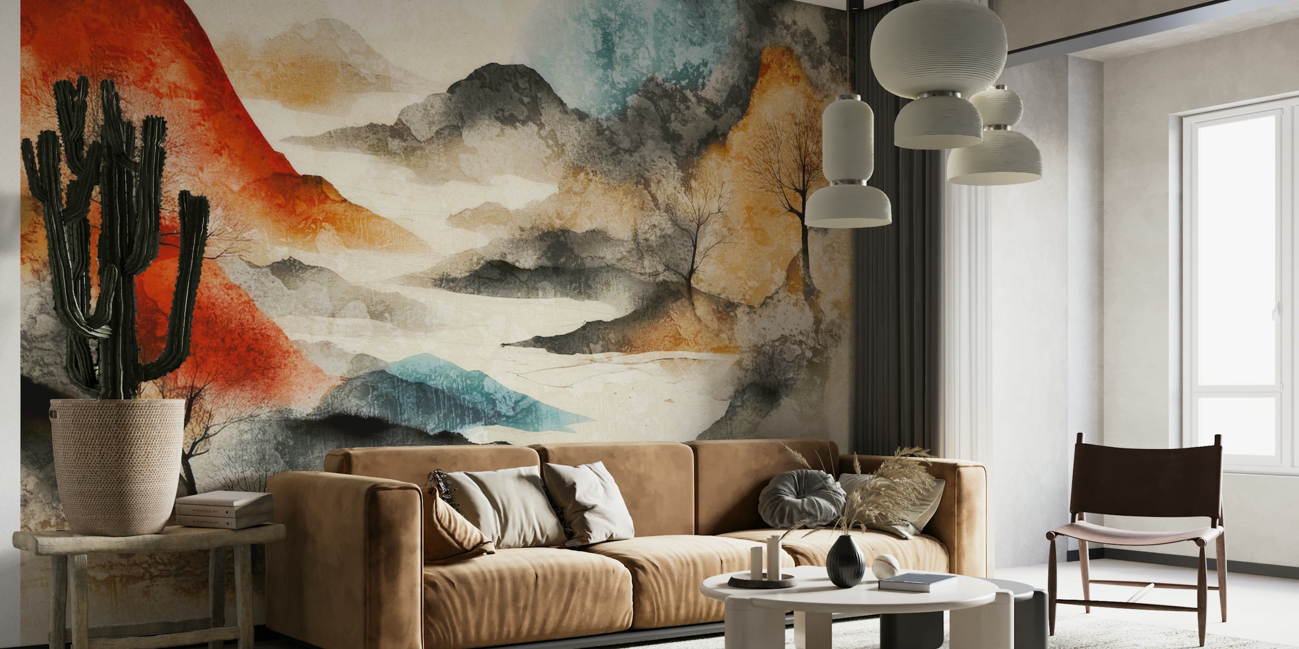 Japanese autumn forest landscape with red mountains and misty river wallpaper