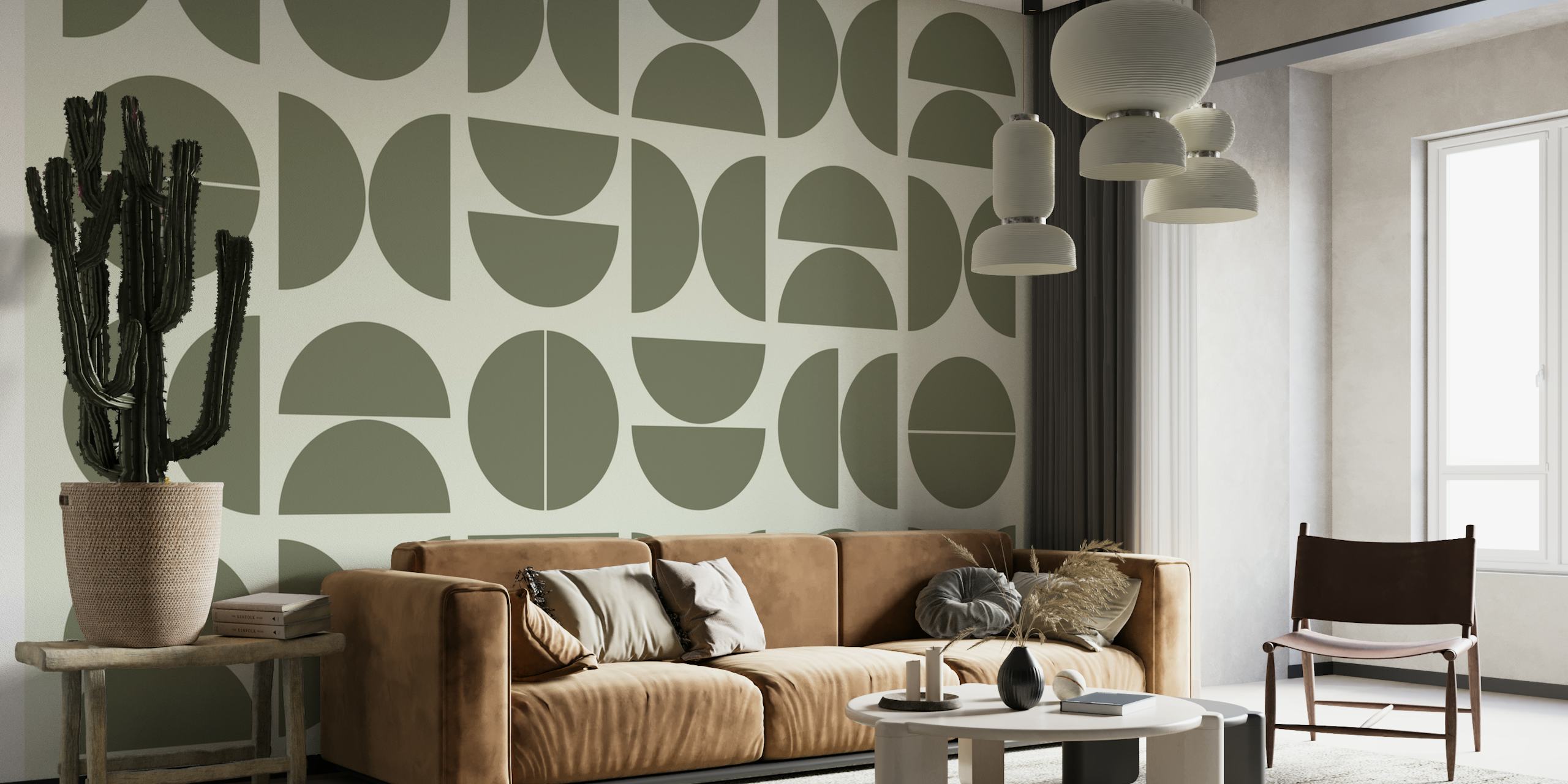 Muted sage and neutral toned mid-century modern patterned wall mural