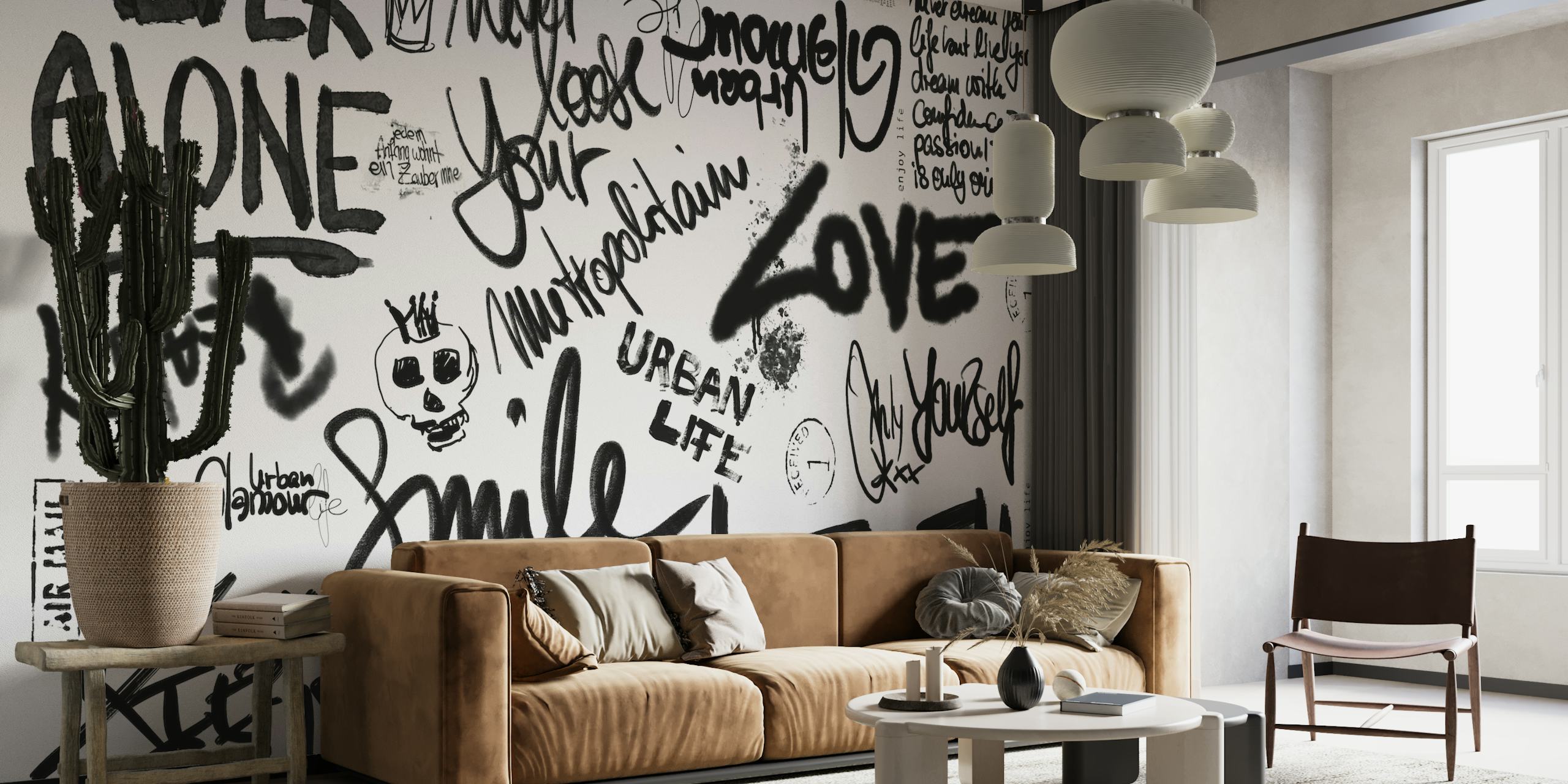 Urban-inspired wall mural with graffiti and handwritten typography