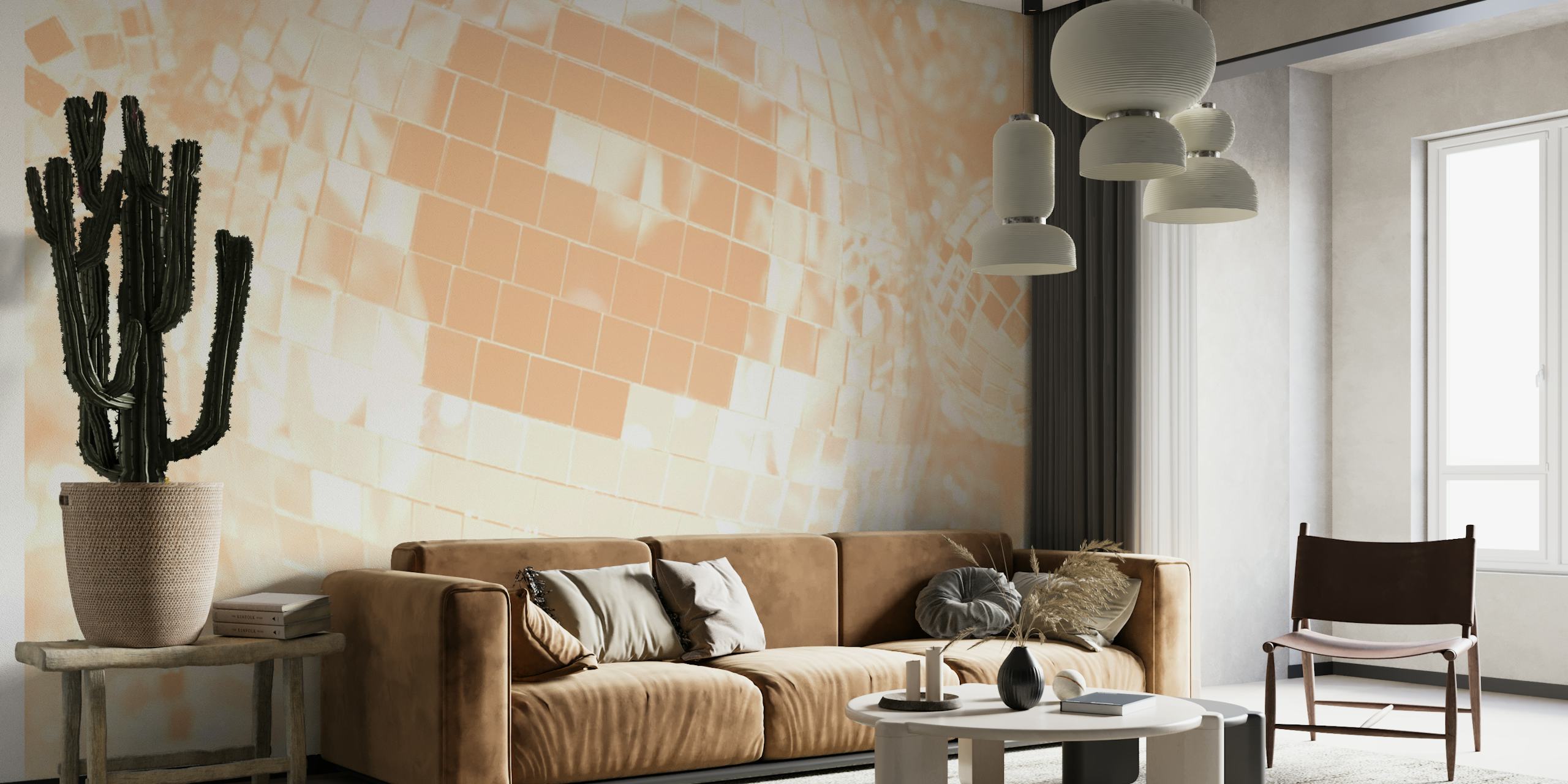 Peachy-toned shimmering disco ball wall mural for a retro vibe