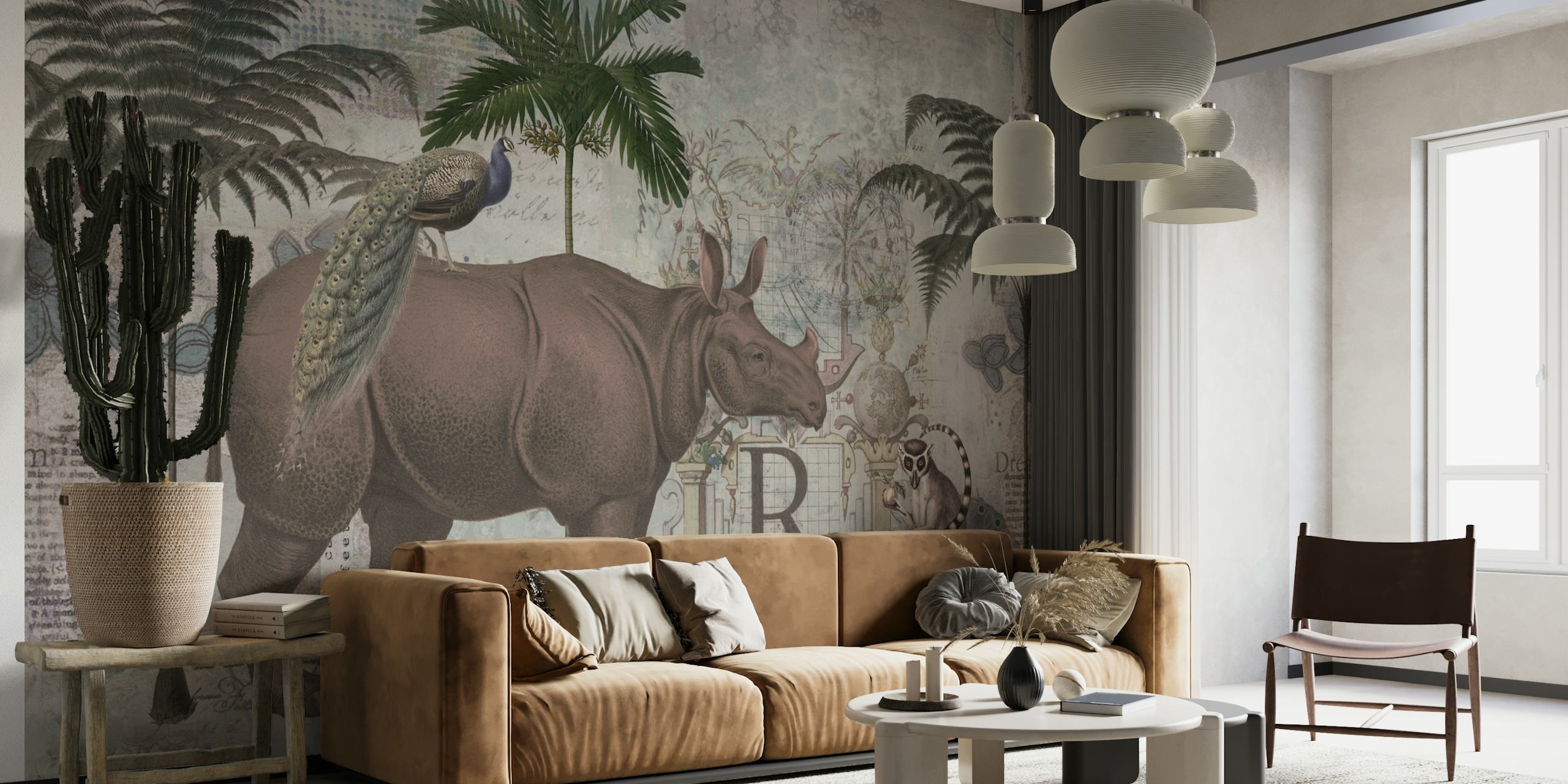 Vintage illustrated wall mural with a rhinoceros and palms at happywall.com