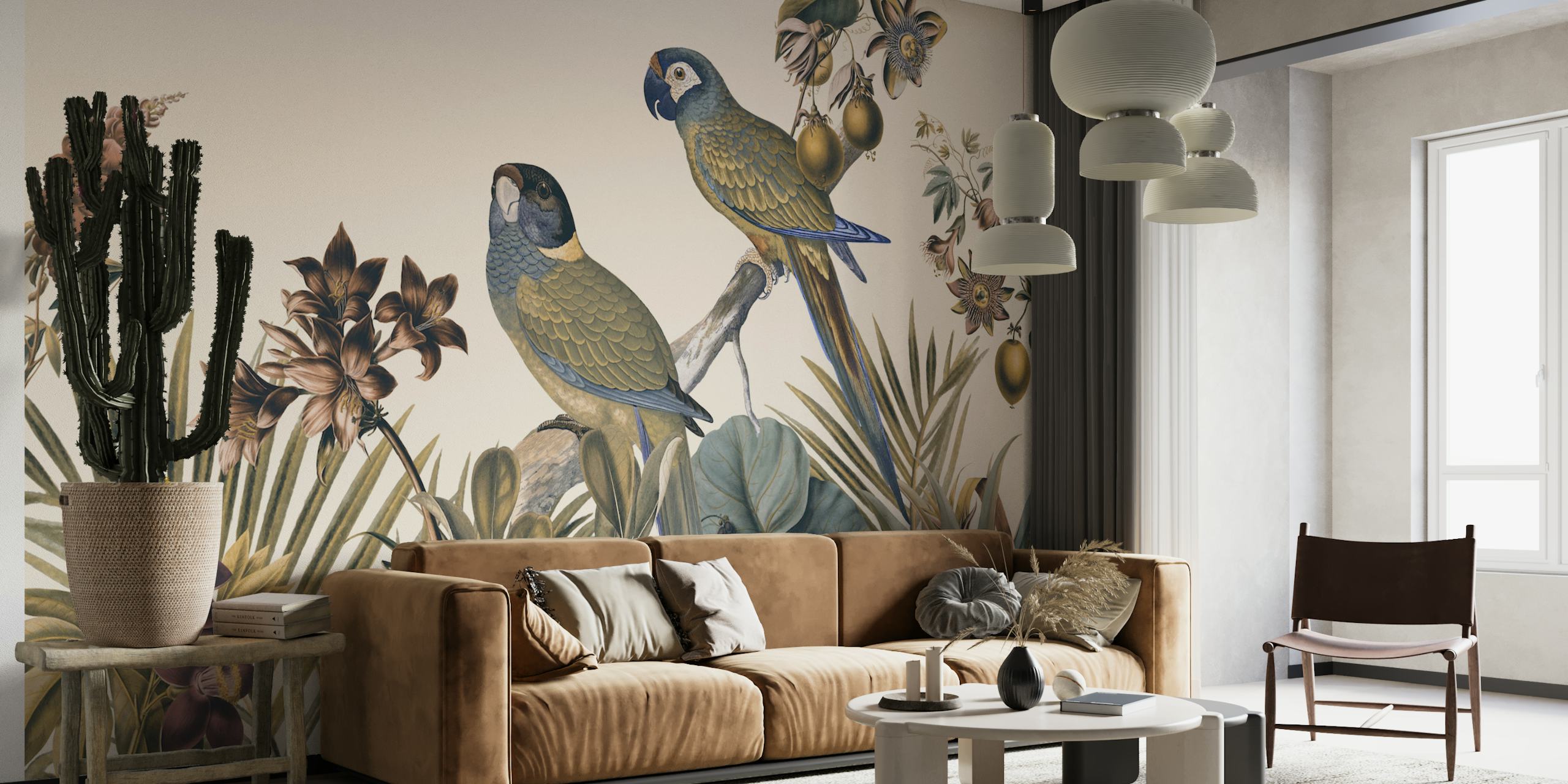 Tropical parrots and botanical elements in muted tones wallpaper