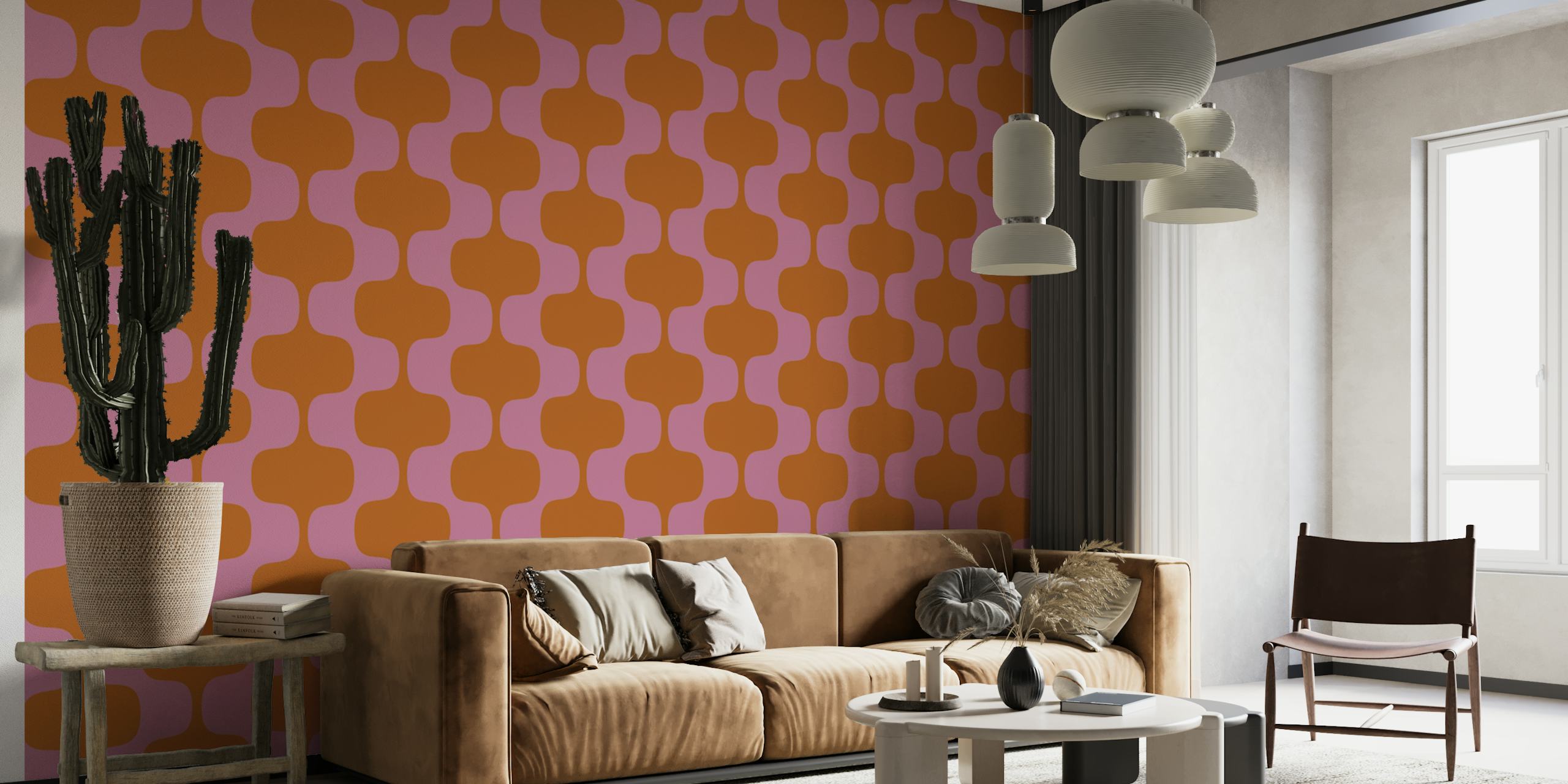 Retro-style bold wavy striped wall mural in warm colors