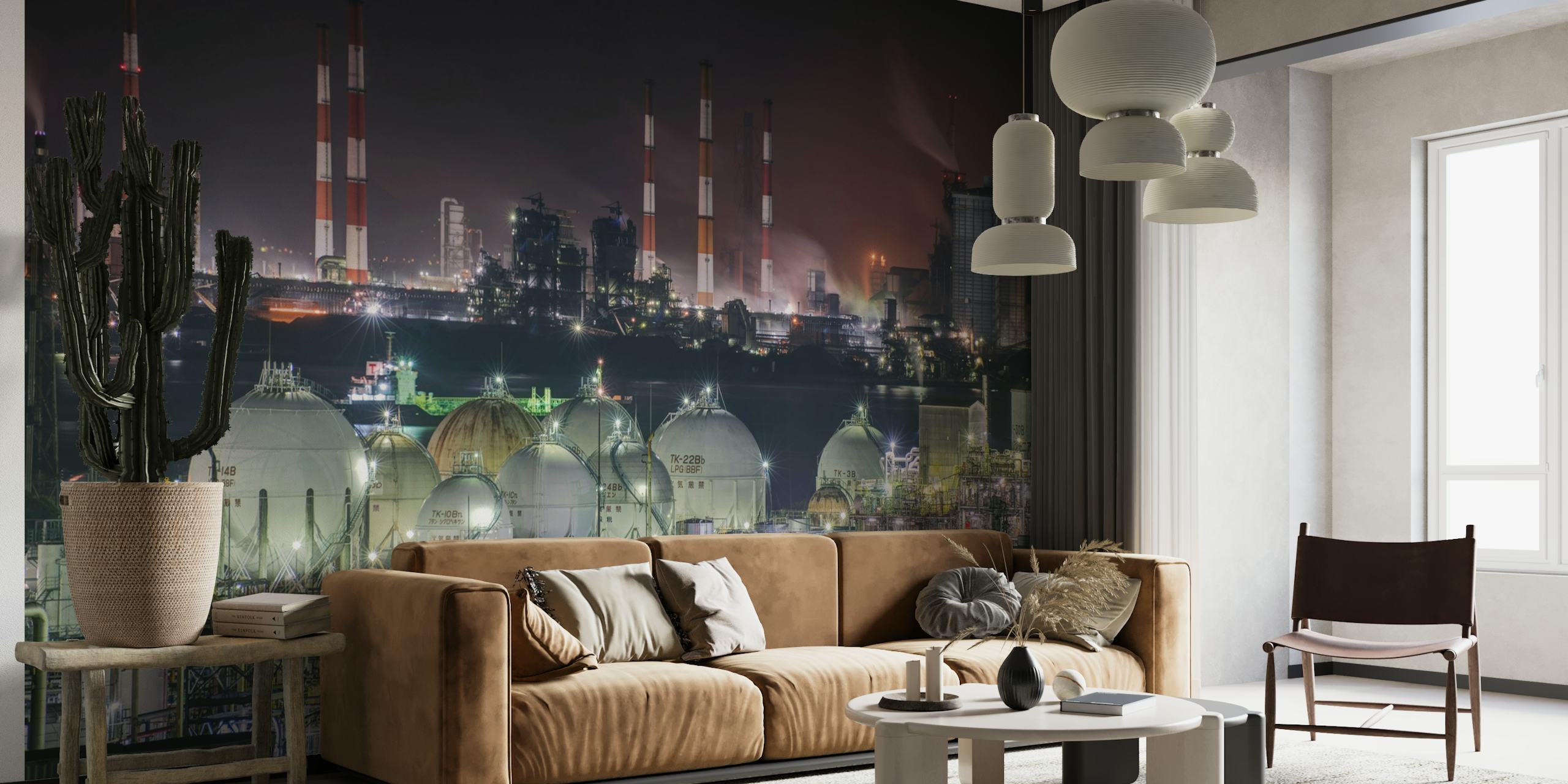 Industrial cityscape at night wall mural